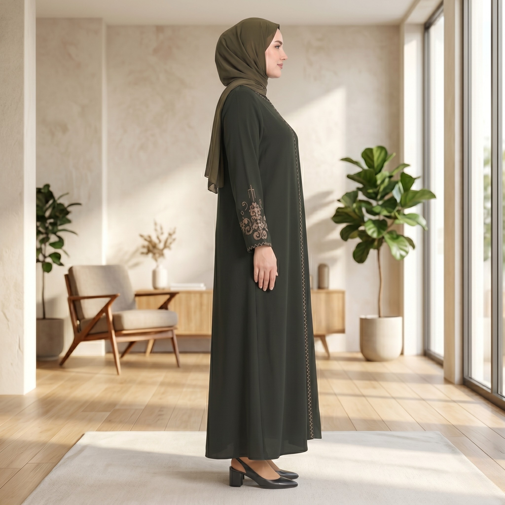 Green Embroidered Sleeves Abaya with Hidden Zipper – Turkish Abaya