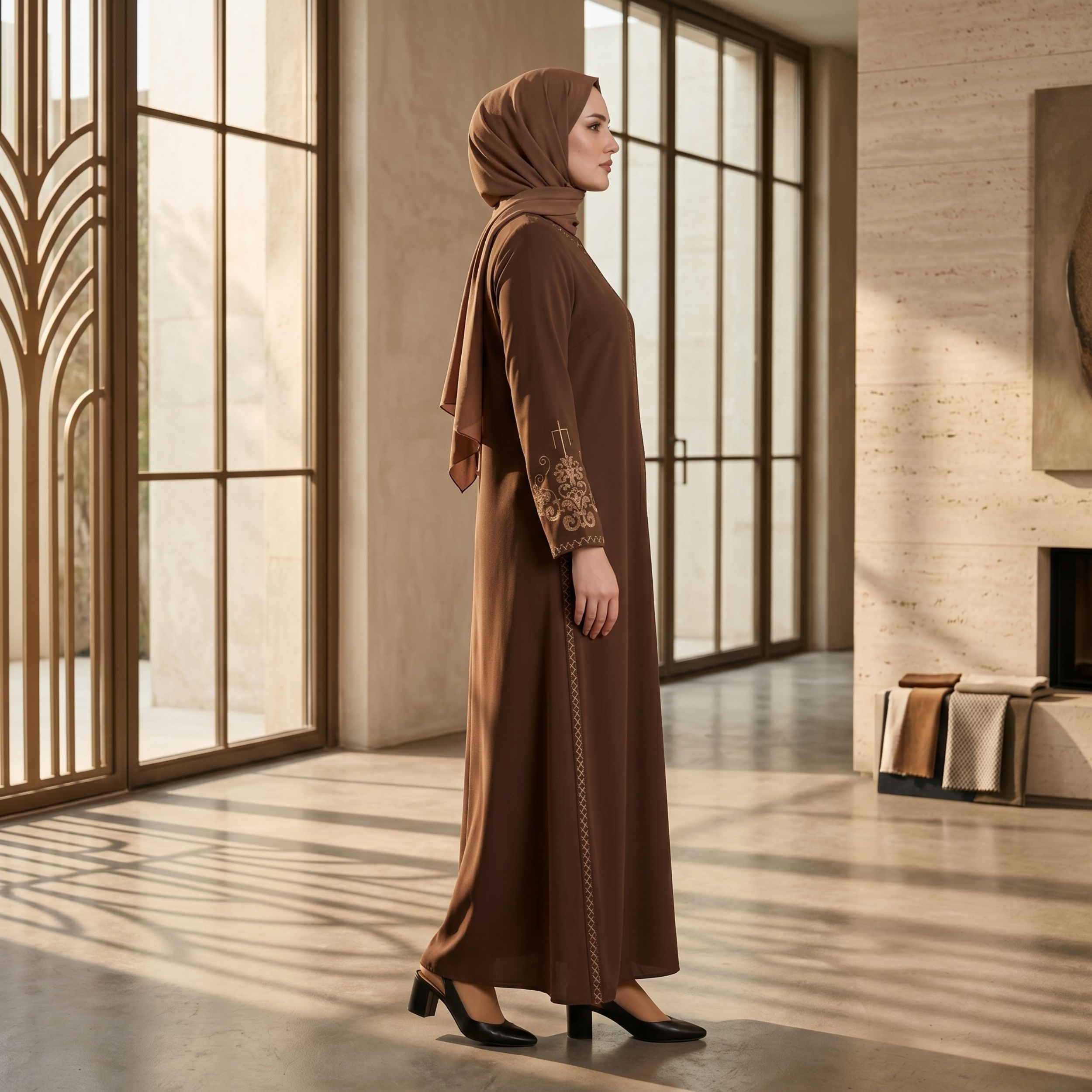 Brown Embroidered Sleeves Abaya with Hidden Zipper – Turkish Abaya