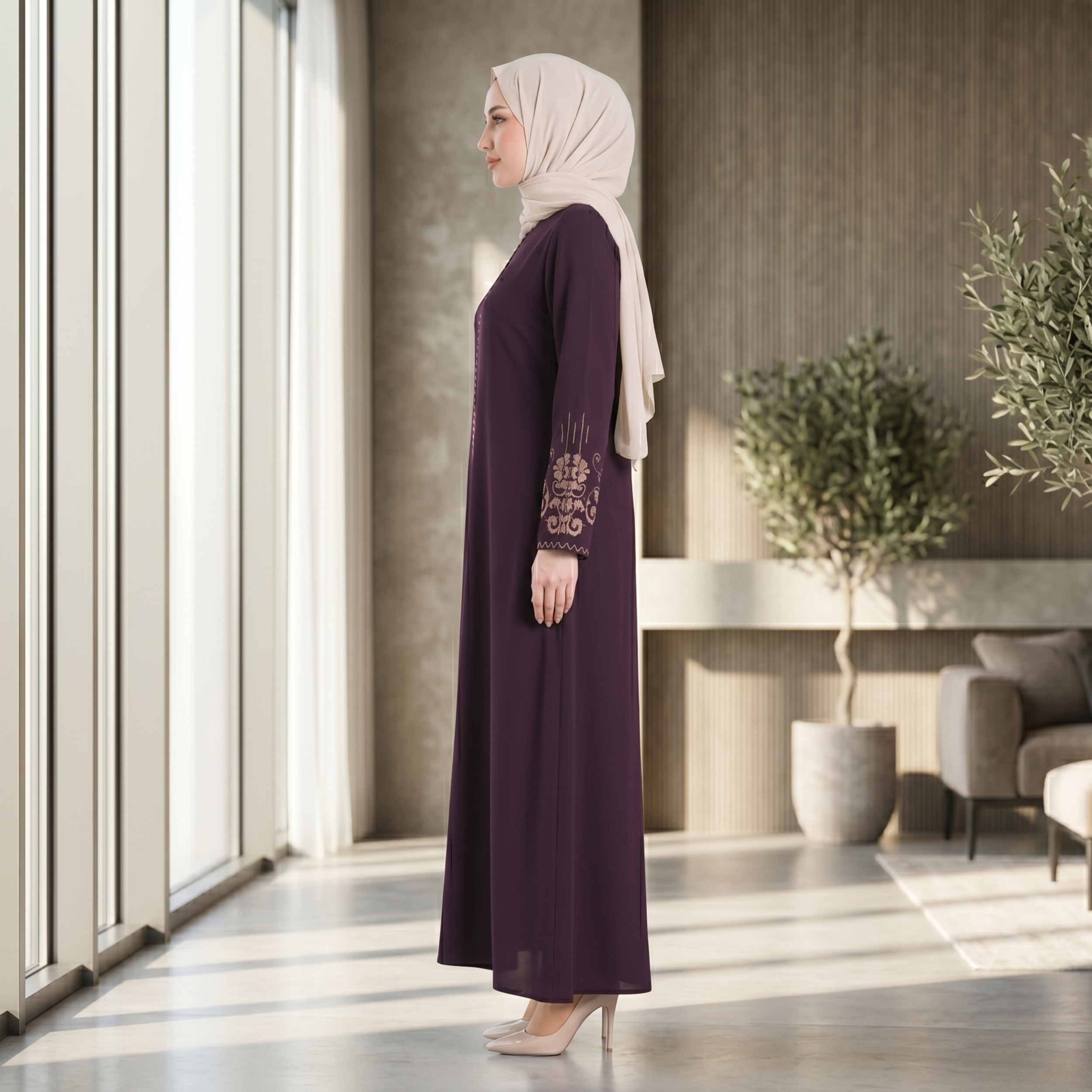 Purple Embroidered Sleeves Abaya with Hidden Zipper – Turkish Abaya