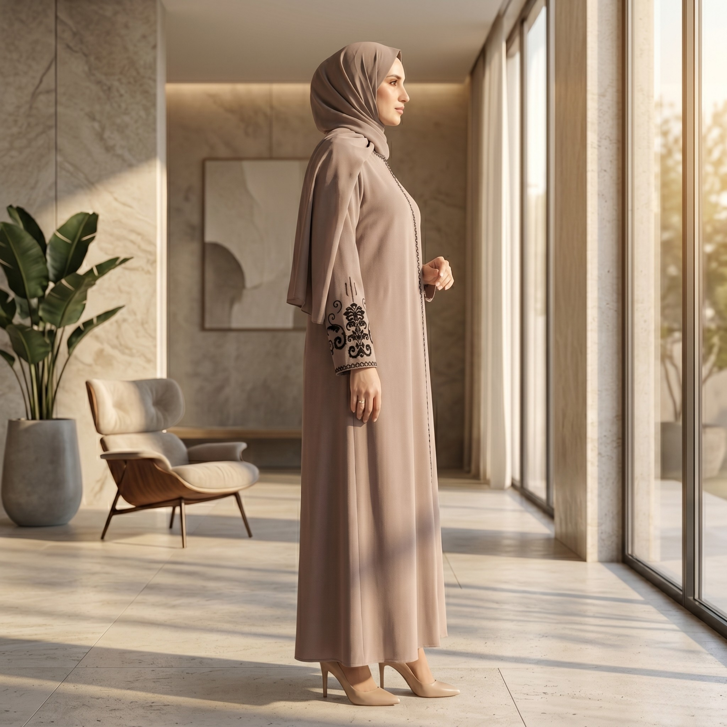 Beige Embroidered Sleeves Abaya with Hidden Zipper – Turkish Abaya