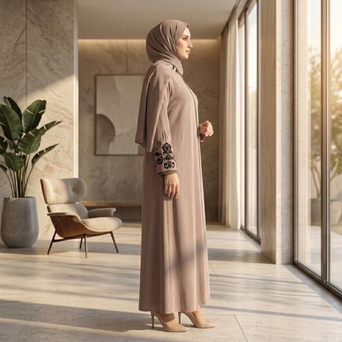 Beige Embroidered Sleeves Abaya with Hidden Zipper – Turkish Abaya
