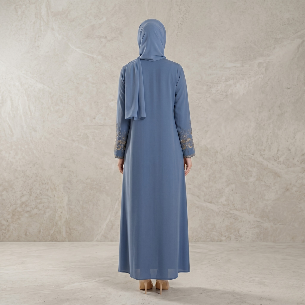 Blue Embroidered Sleeves Abaya with Hidden Zipper – Turkish Abaya