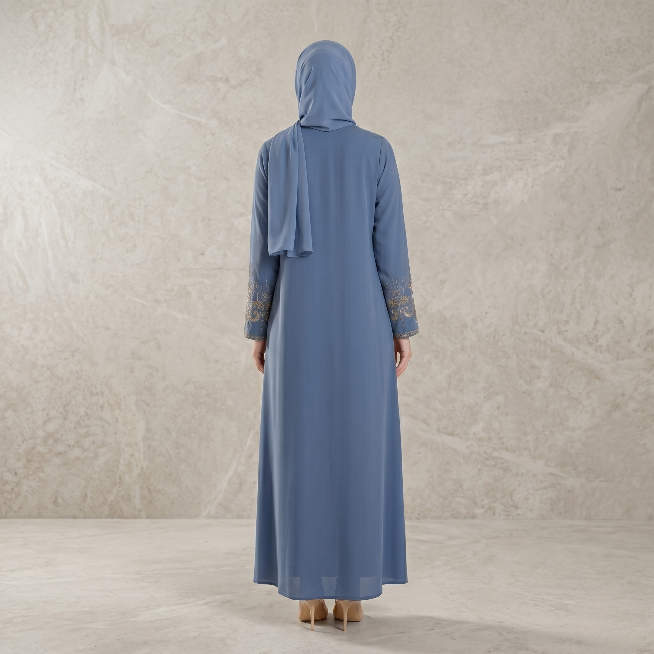 Blue Embroidered Sleeves Abaya with Hidden Zipper – Turkish Abaya