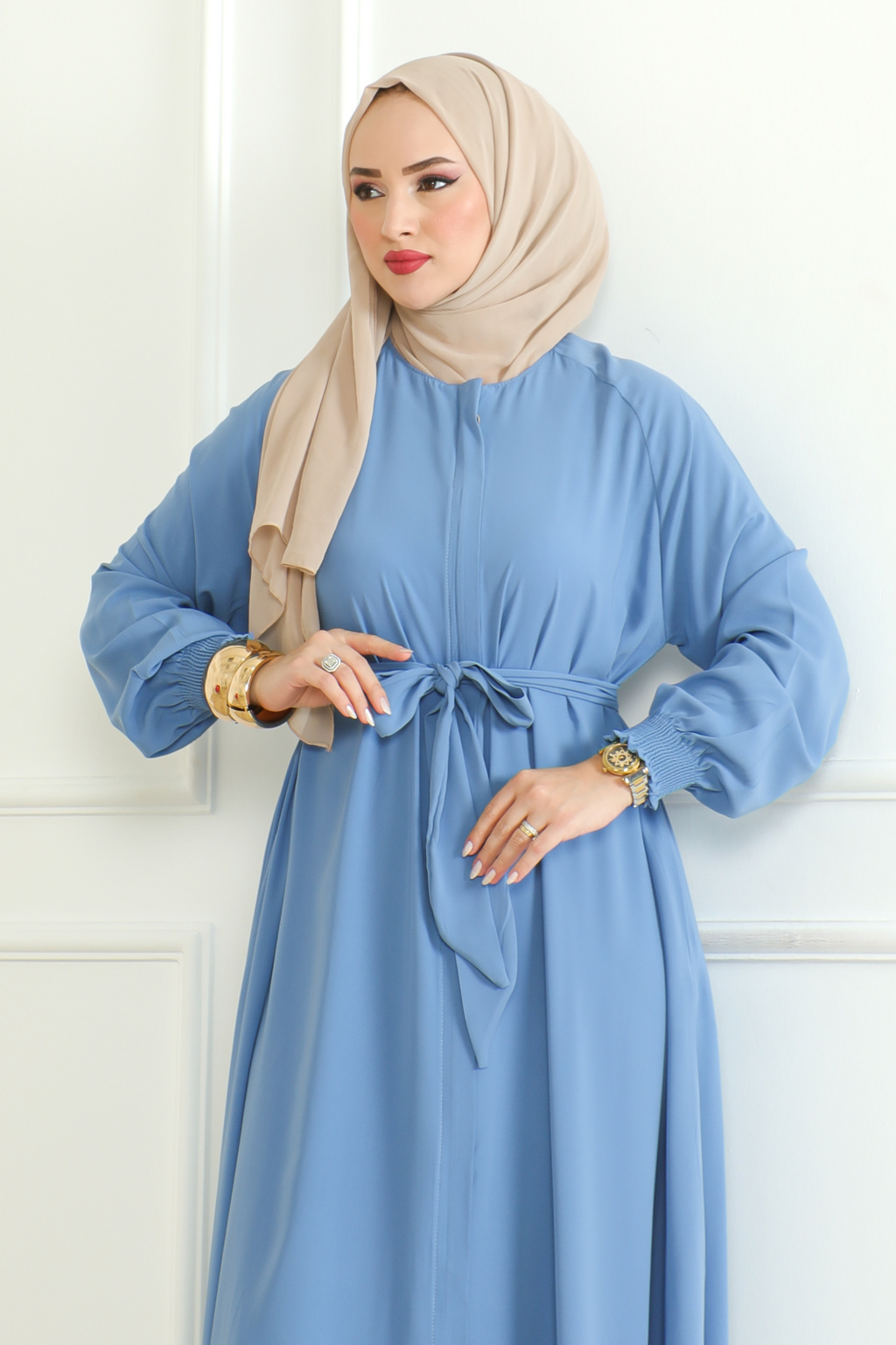 Blue Belted Abaya with Elasticated Cuffs & Front Zipper – Turkish Modest Maxi Dress
