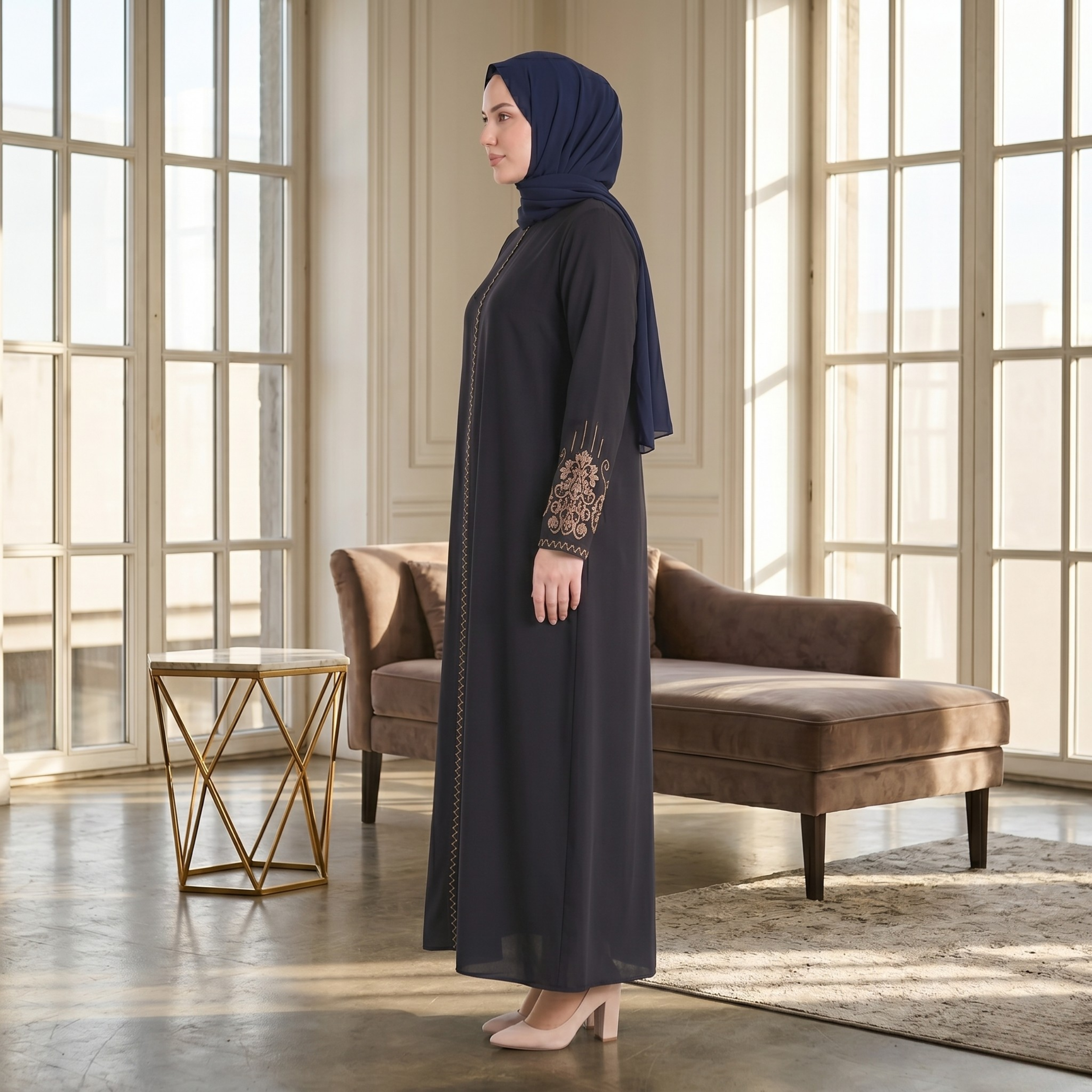 Navy Embroidered Sleeves Abaya with Hidden Zipper – Turkish Abaya