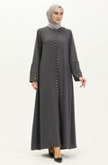 Grey Rhinestone Trim Open Abaya with Bell Sleeves – Turkish Modest Abaya