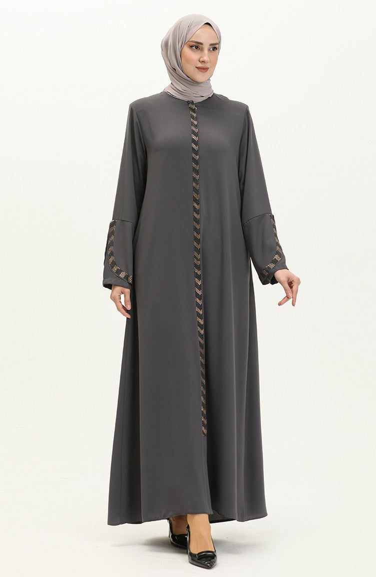 Grey Rhinestone Trim Open Abaya with Bell Sleeves – Turkish Modest Abaya
