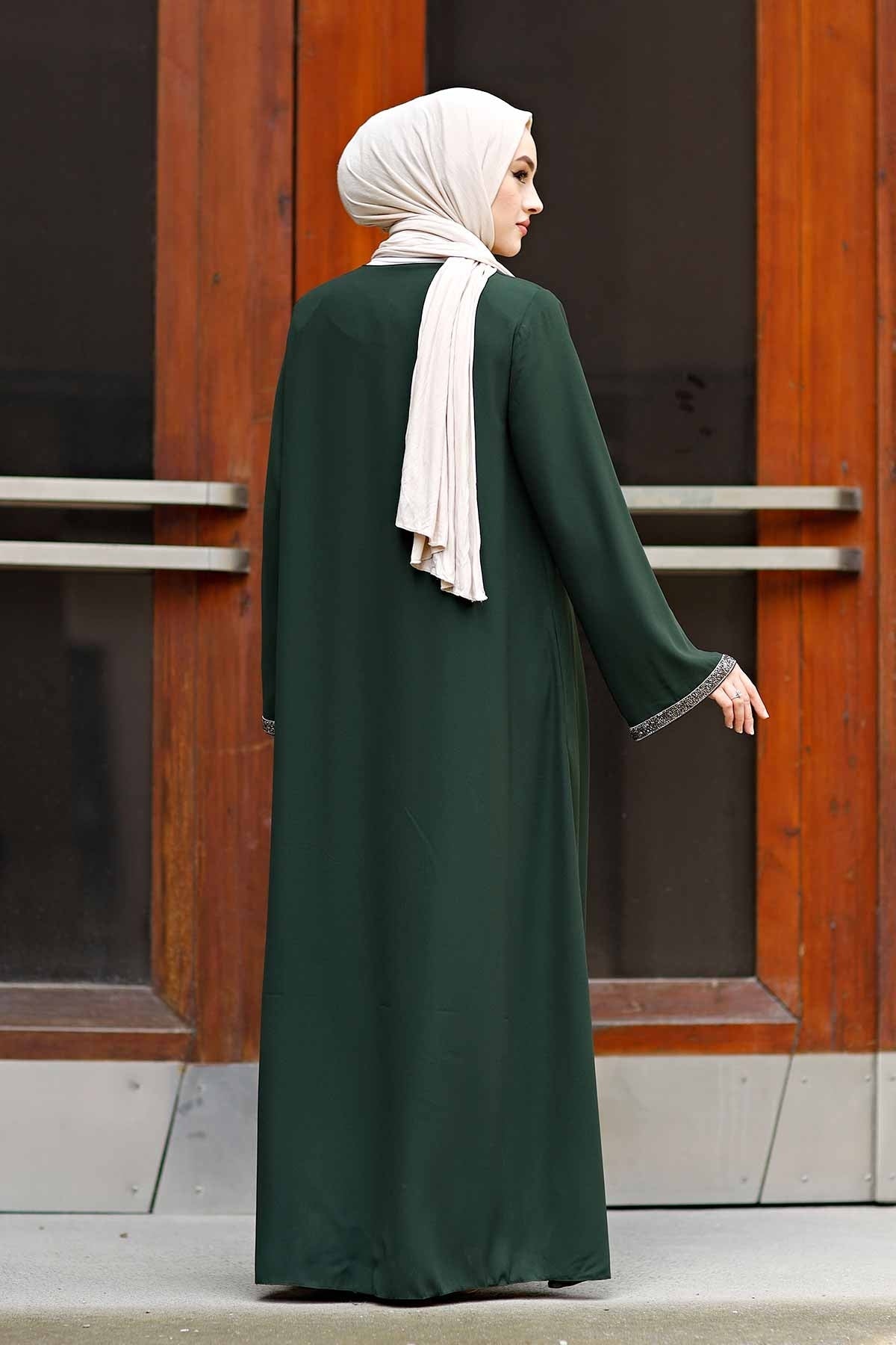 Green Stone-Trimmed Sleeve Abaya with Front Zipper & Tassel – Turkish Abaya