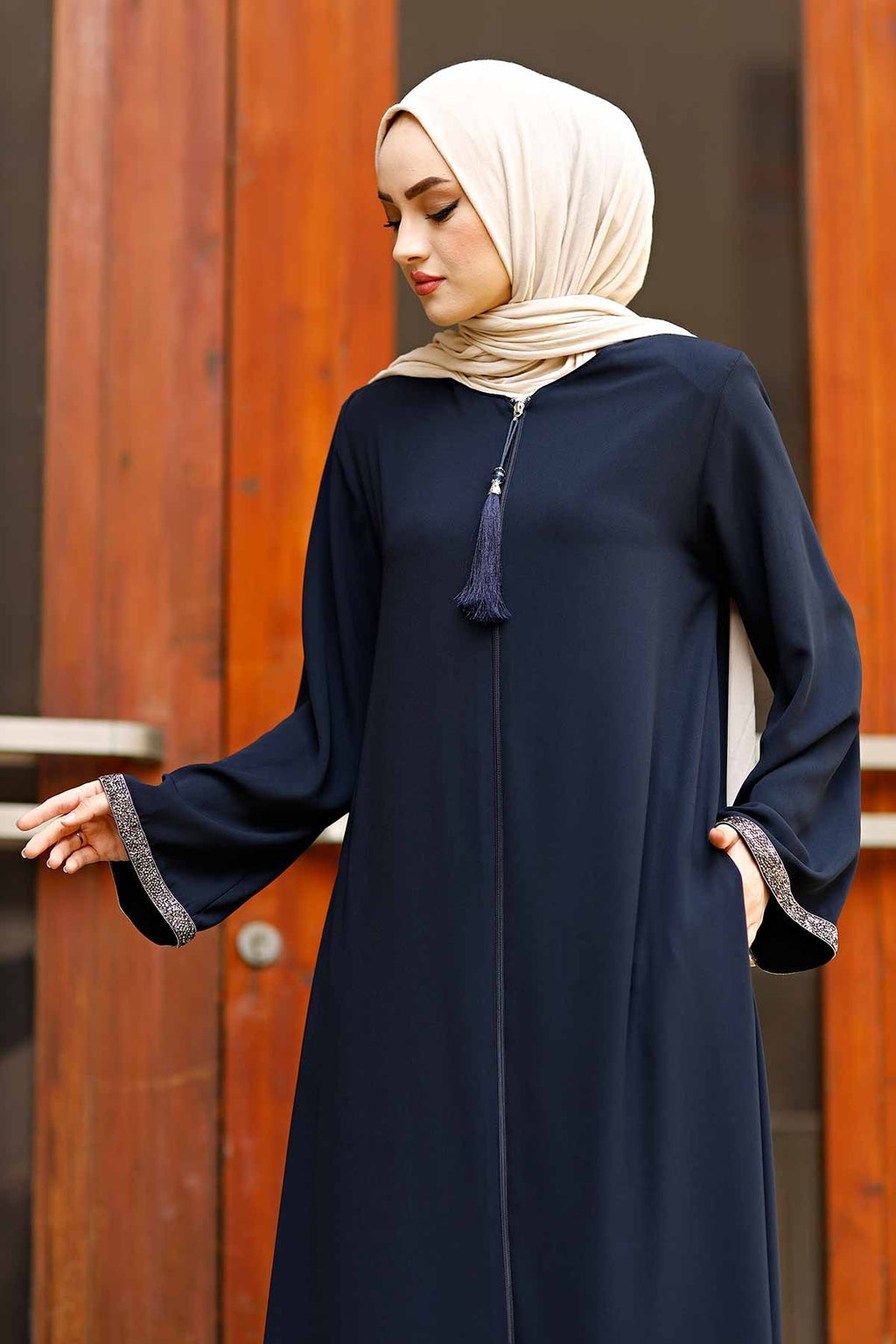 Navy Stone-Trimmed Sleeve Abaya with Front Zipper & Tassel – Turkish Abaya