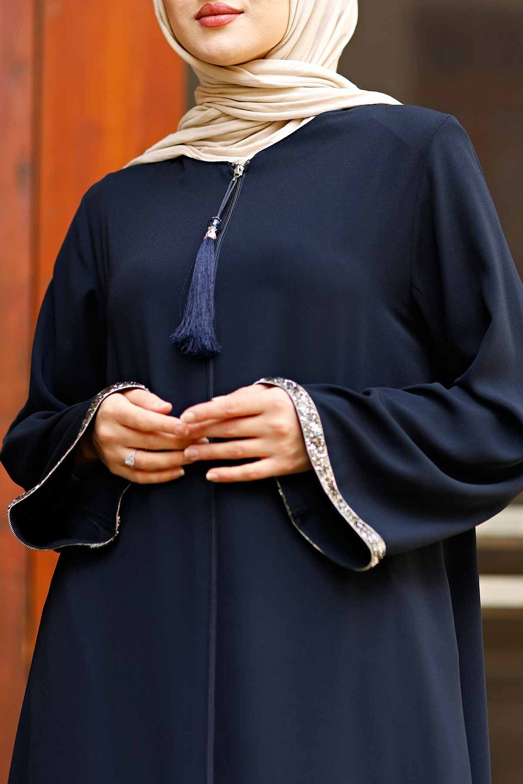 Navy Stone-Trimmed Sleeve Abaya with Front Zipper & Tassel – Turkish Abaya