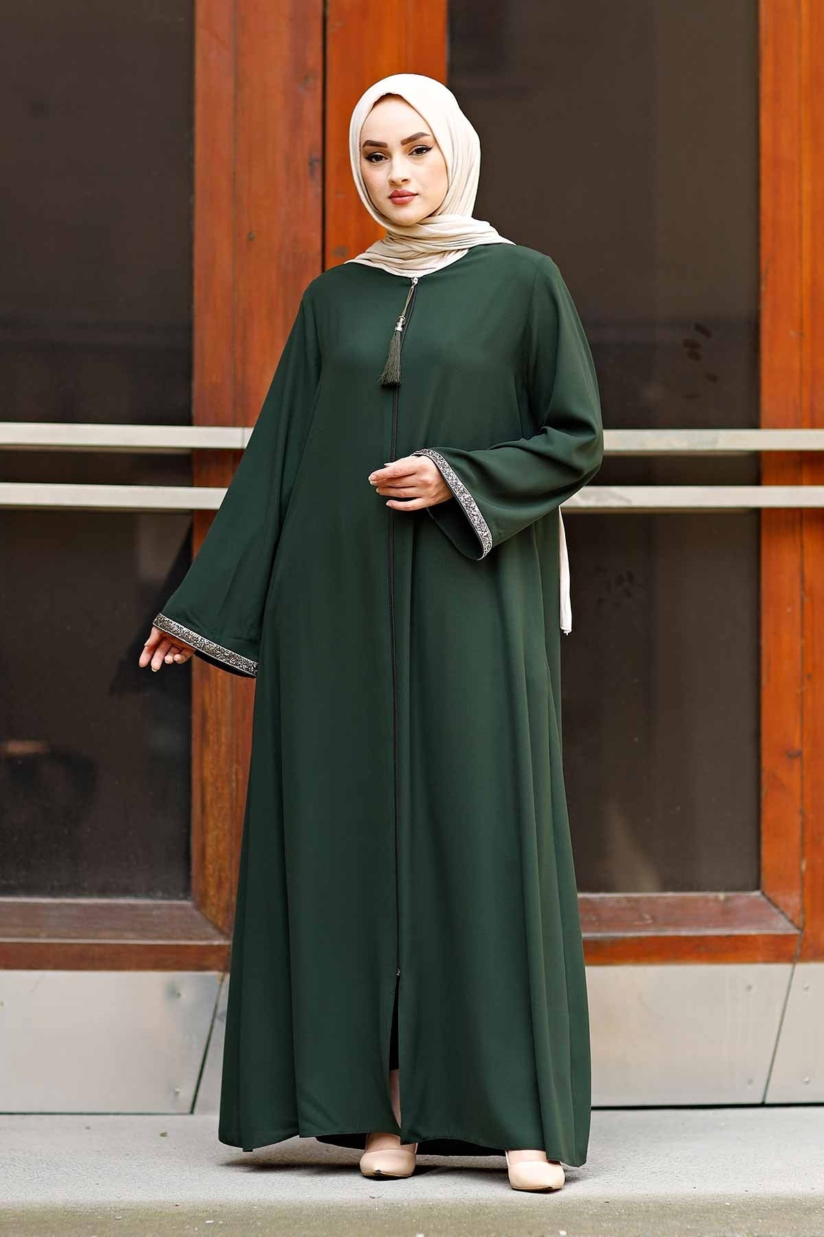 Green Stone-Trimmed Sleeve Abaya with Front Zipper & Tassel – Turkish Abaya