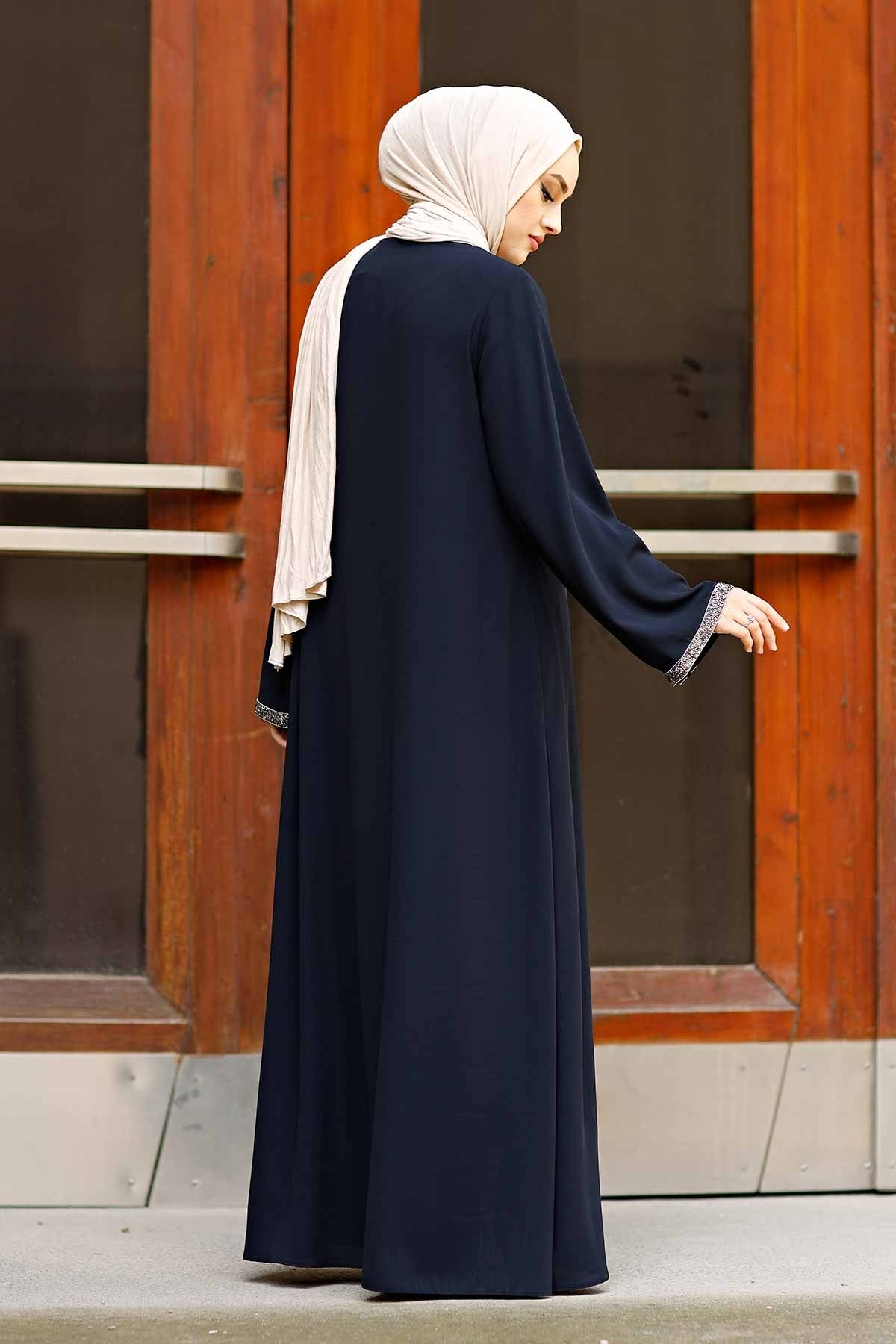 Navy Stone-Trimmed Sleeve Abaya with Front Zipper & Tassel – Turkish Abaya
