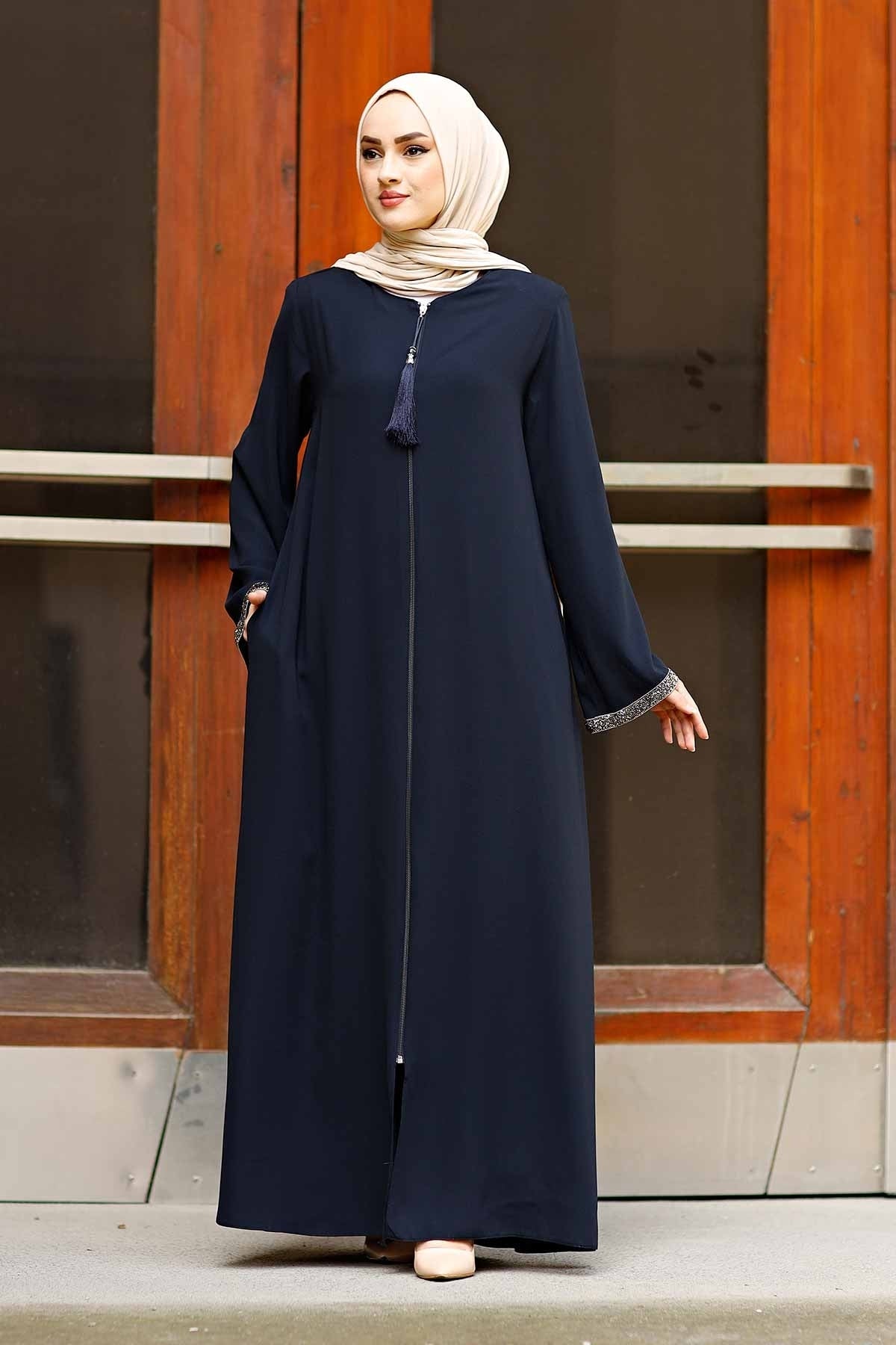 Navy Stone-Trimmed Sleeve Abaya with Front Zipper & Tassel – Turkish Abaya