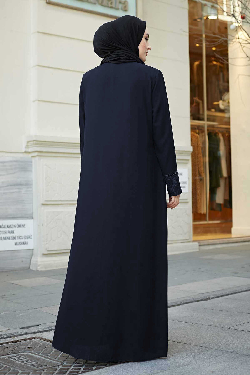 Navy Lace Cuff & Stone-Trim Zip Abaya – Turkish Modest Abaya