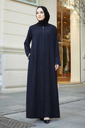 Navy Lace Cuff & Stone-Trim Zip Abaya – Turkish Modest Abaya