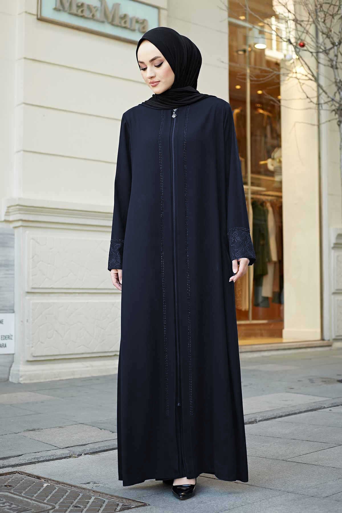 Navy Lace Cuff & Stone-Trim Zip Abaya – Turkish Modest Abaya