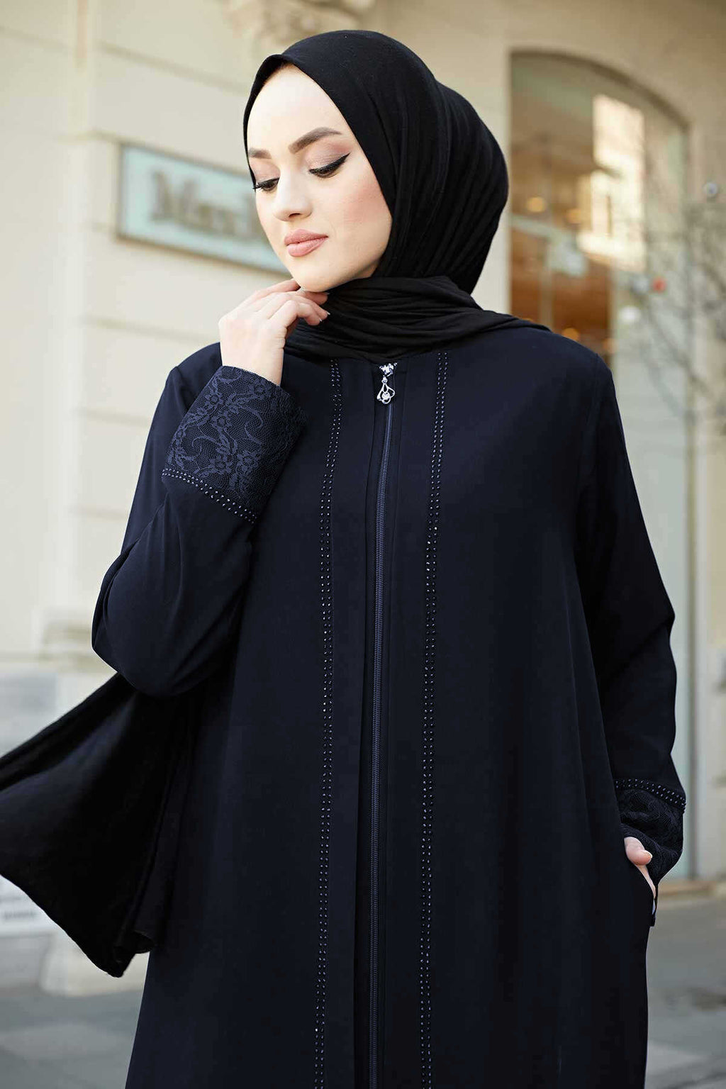Navy Lace Cuff & Stone-Trim Zip Abaya – Turkish Modest Abaya