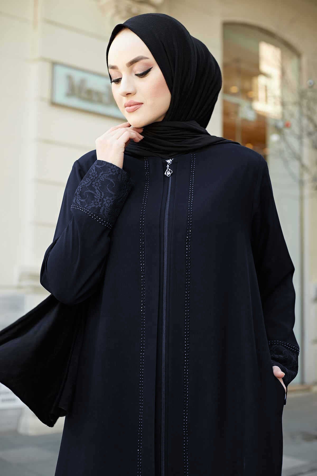 Navy Lace Cuff & Stone-Trim Zip Abaya – Turkish Modest Abaya