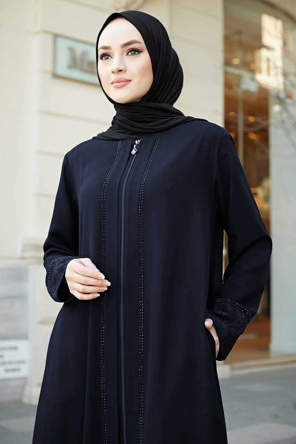 Navy Lace Cuff & Stone-Trim Zip Abaya – Turkish Modest Abaya
