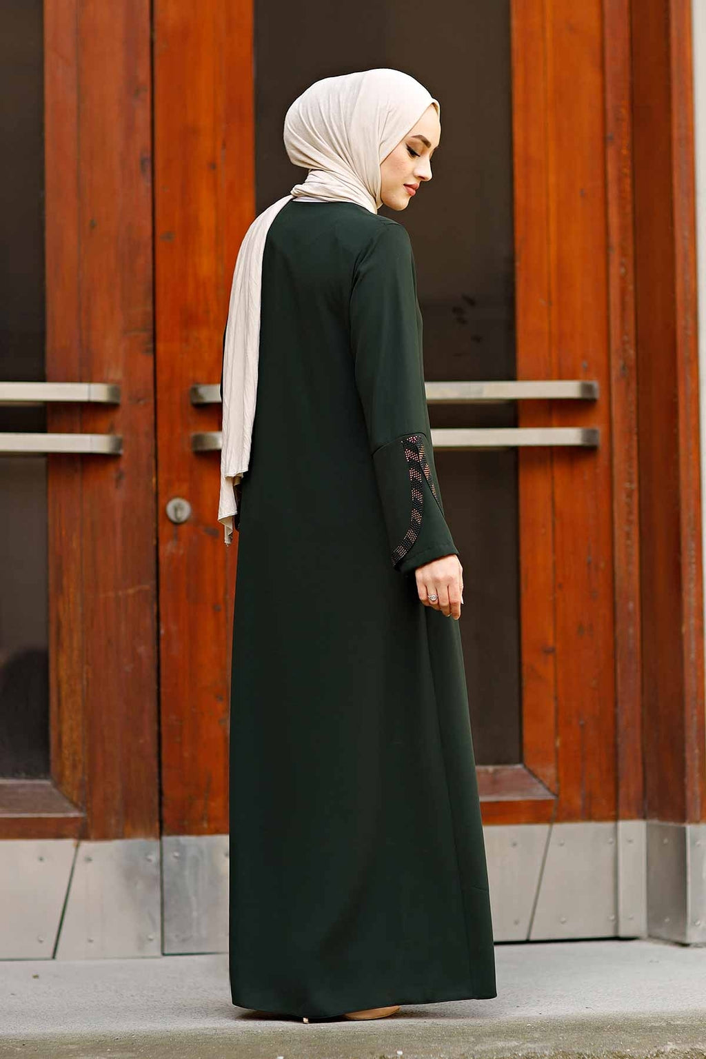 Green Rhinestone Trim Open Abaya with Bell Sleeves – Turkish Modest Abaya