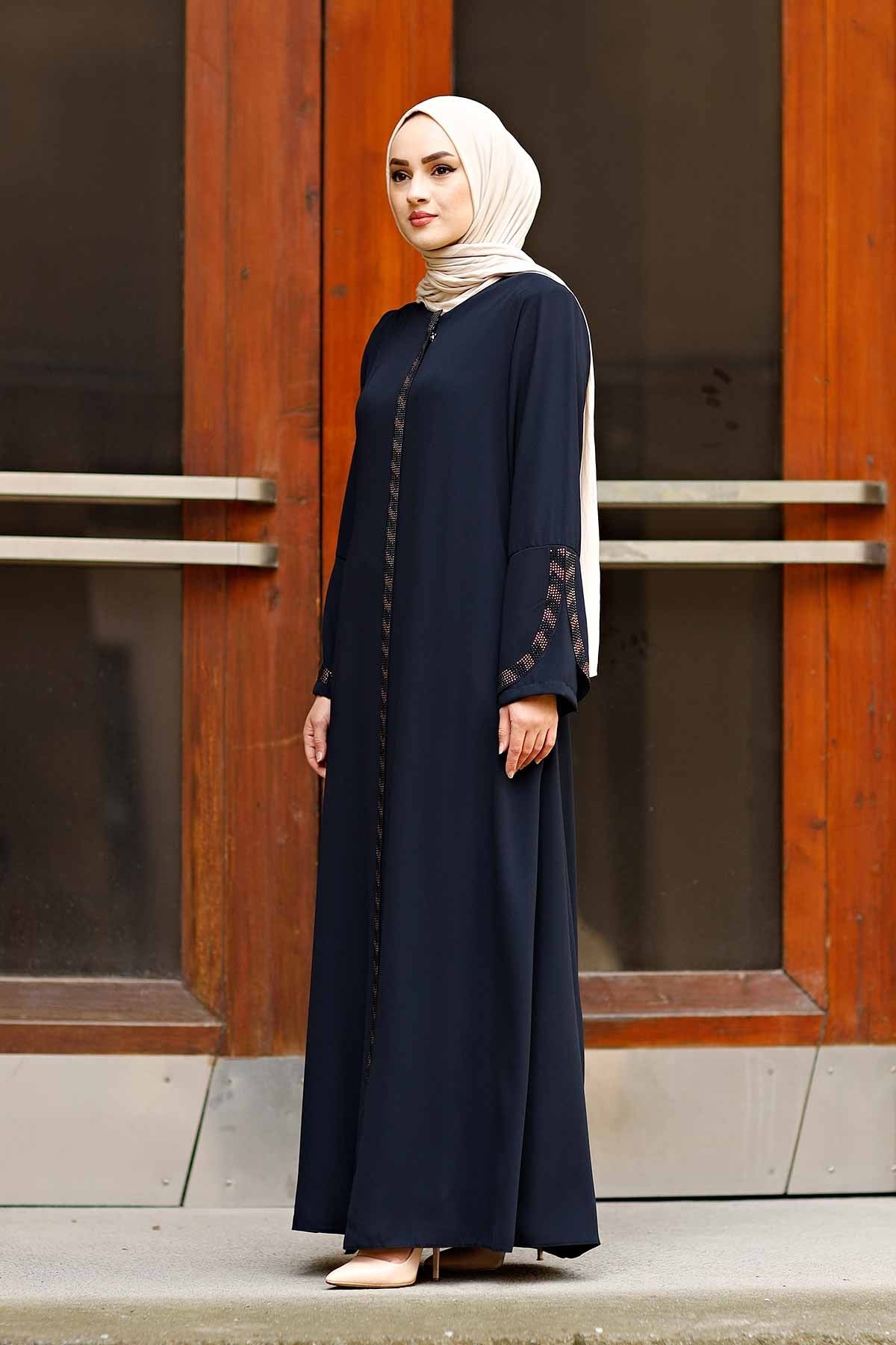 Navy Rhinestone Trim Open Abaya with Bell Sleeves – Turkish Modest Abaya