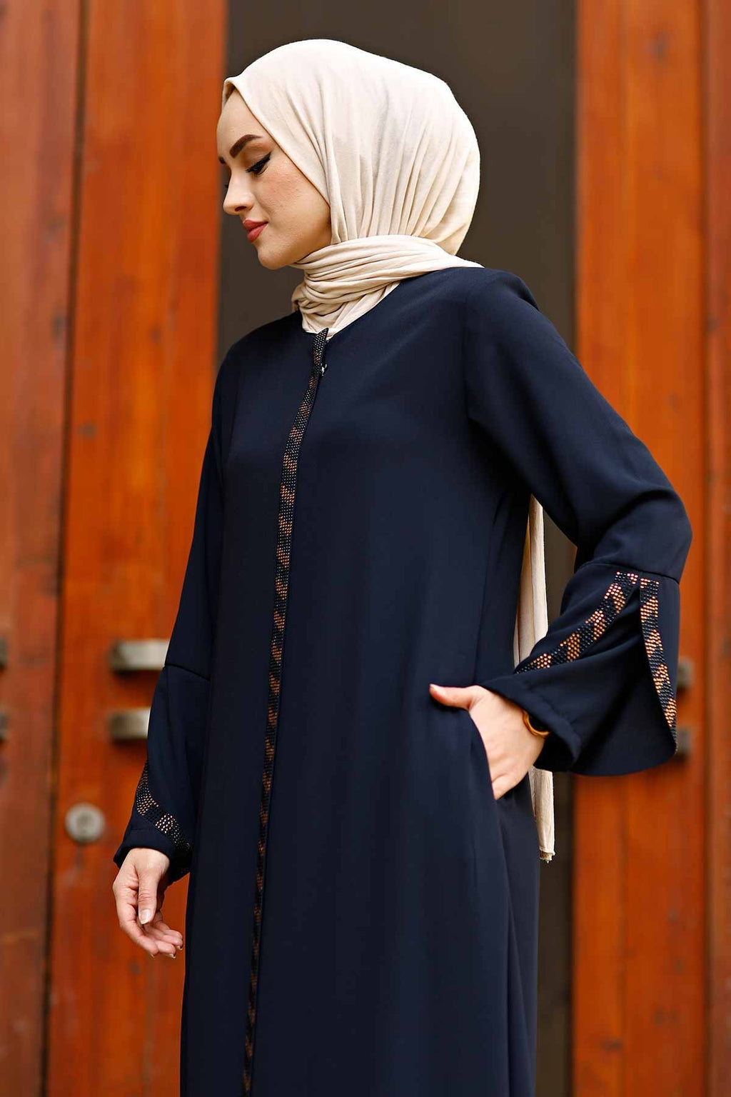 Navy Rhinestone Trim Open Abaya with Bell Sleeves – Turkish Modest Abaya