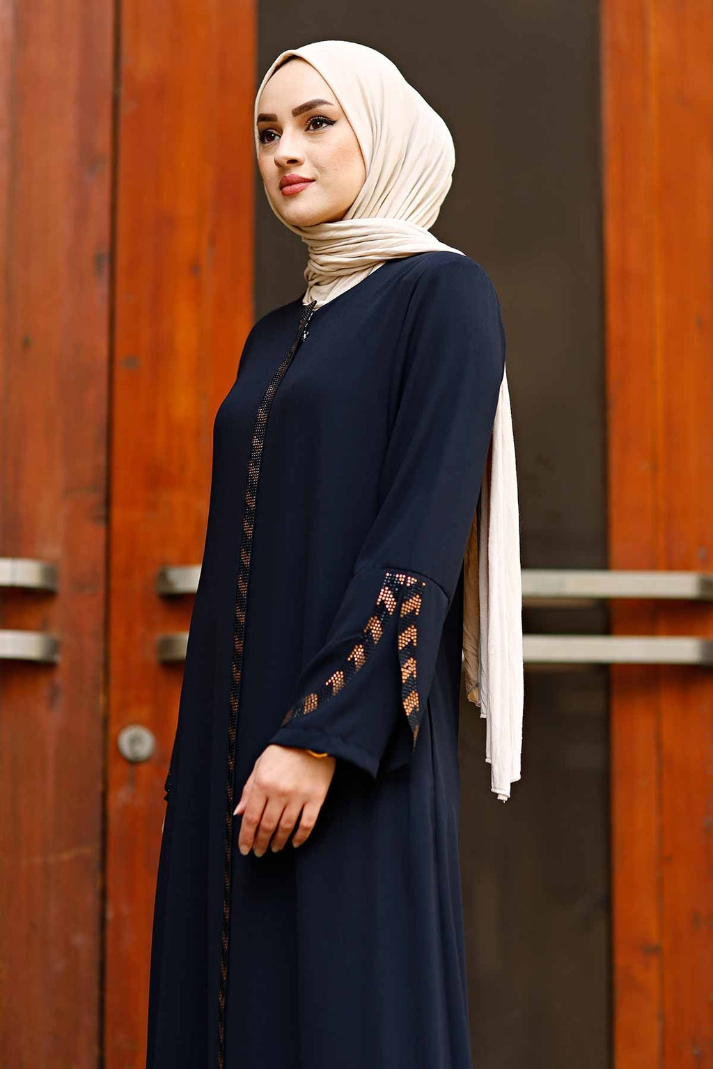 Navy Rhinestone Trim Open Abaya with Bell Sleeves – Turkish Modest Abaya
