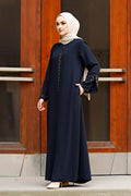 Navy Rhinestone Trim Open Abaya with Bell Sleeves – Turkish Modest Abaya