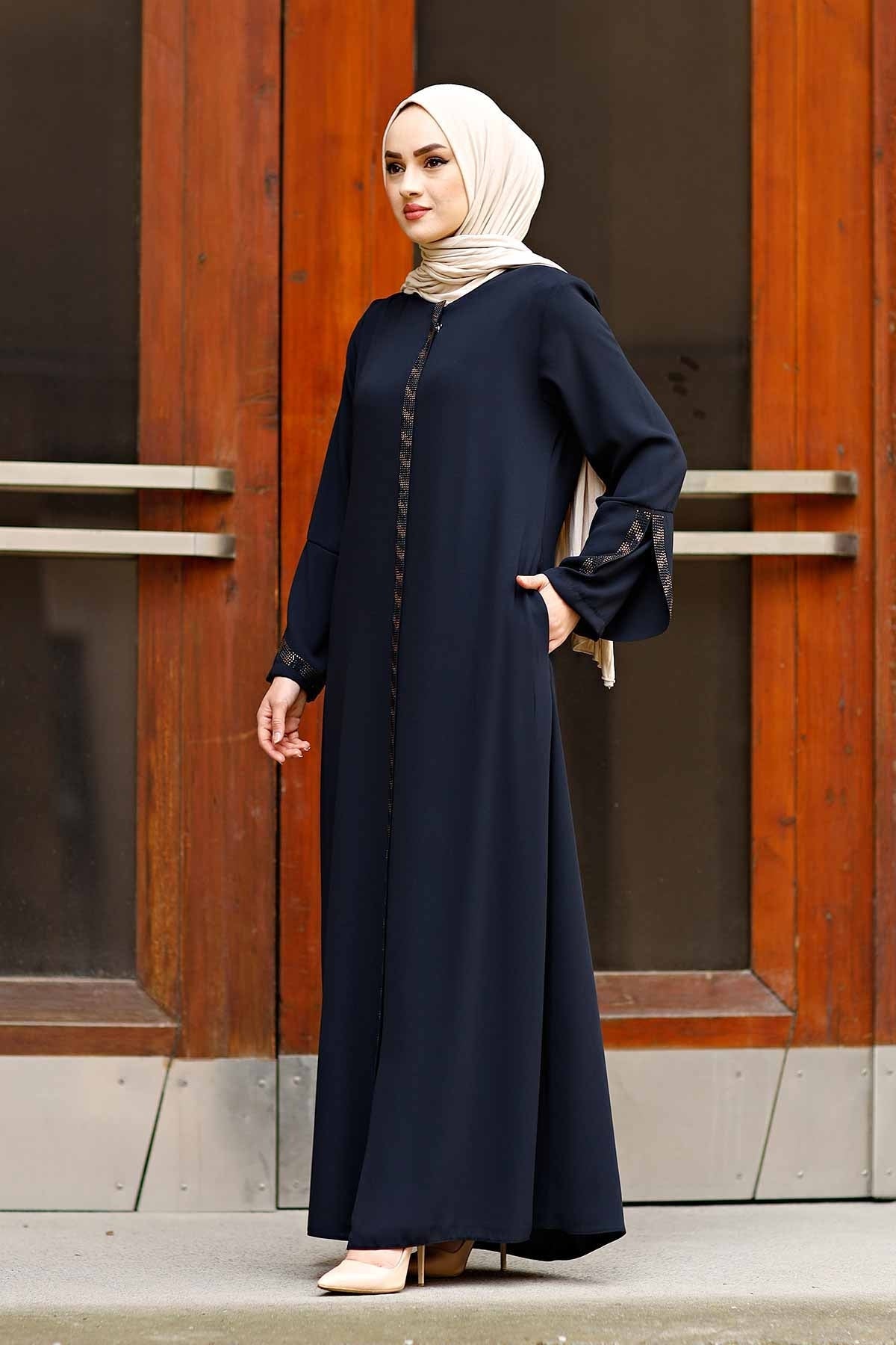 Navy Rhinestone Trim Open Abaya with Bell Sleeves – Turkish Modest Abaya