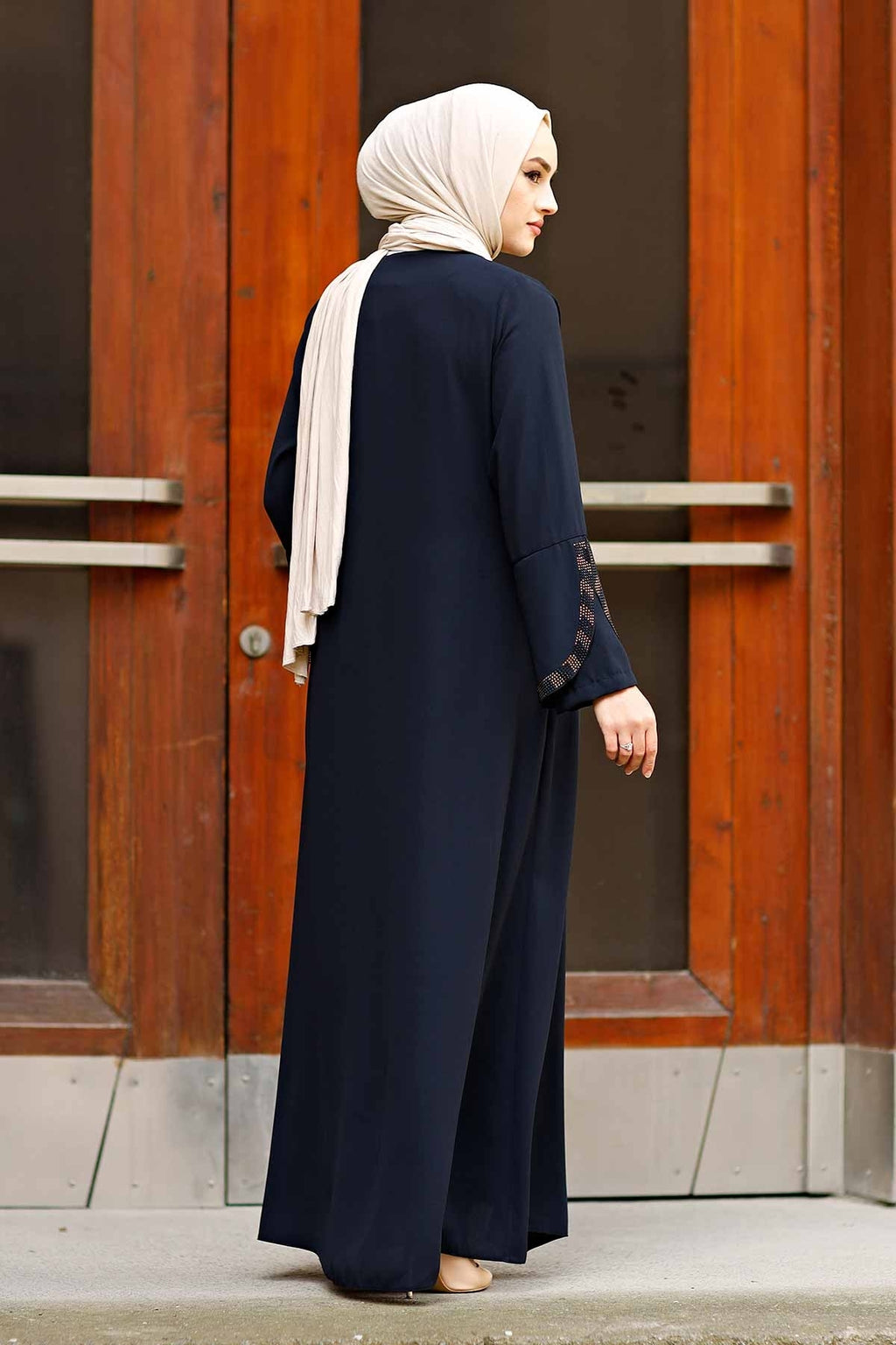 Navy Rhinestone Trim Open Abaya with Bell Sleeves – Turkish Modest Abaya