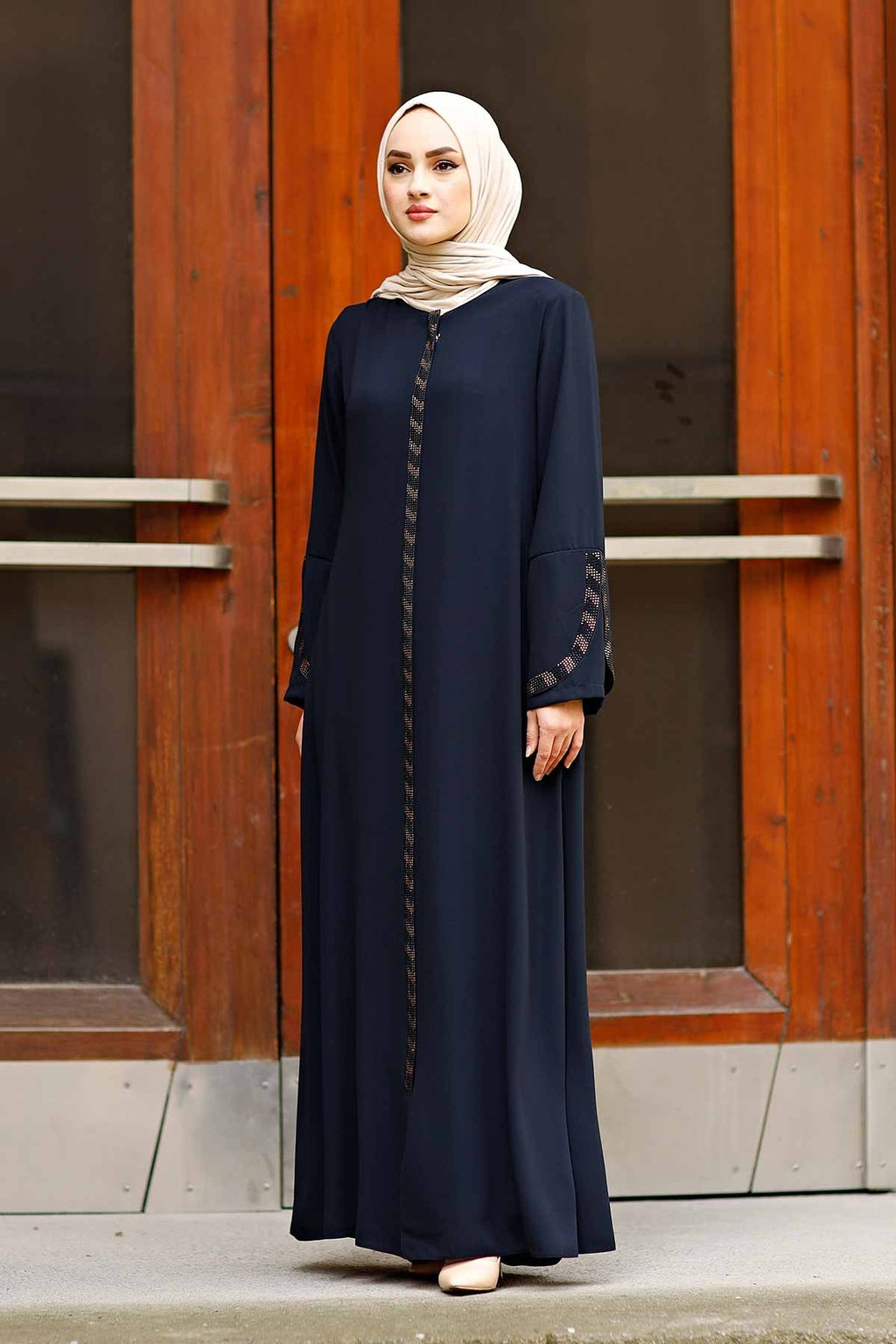 Navy Rhinestone Trim Open Abaya with Bell Sleeves – Turkish Modest Abaya