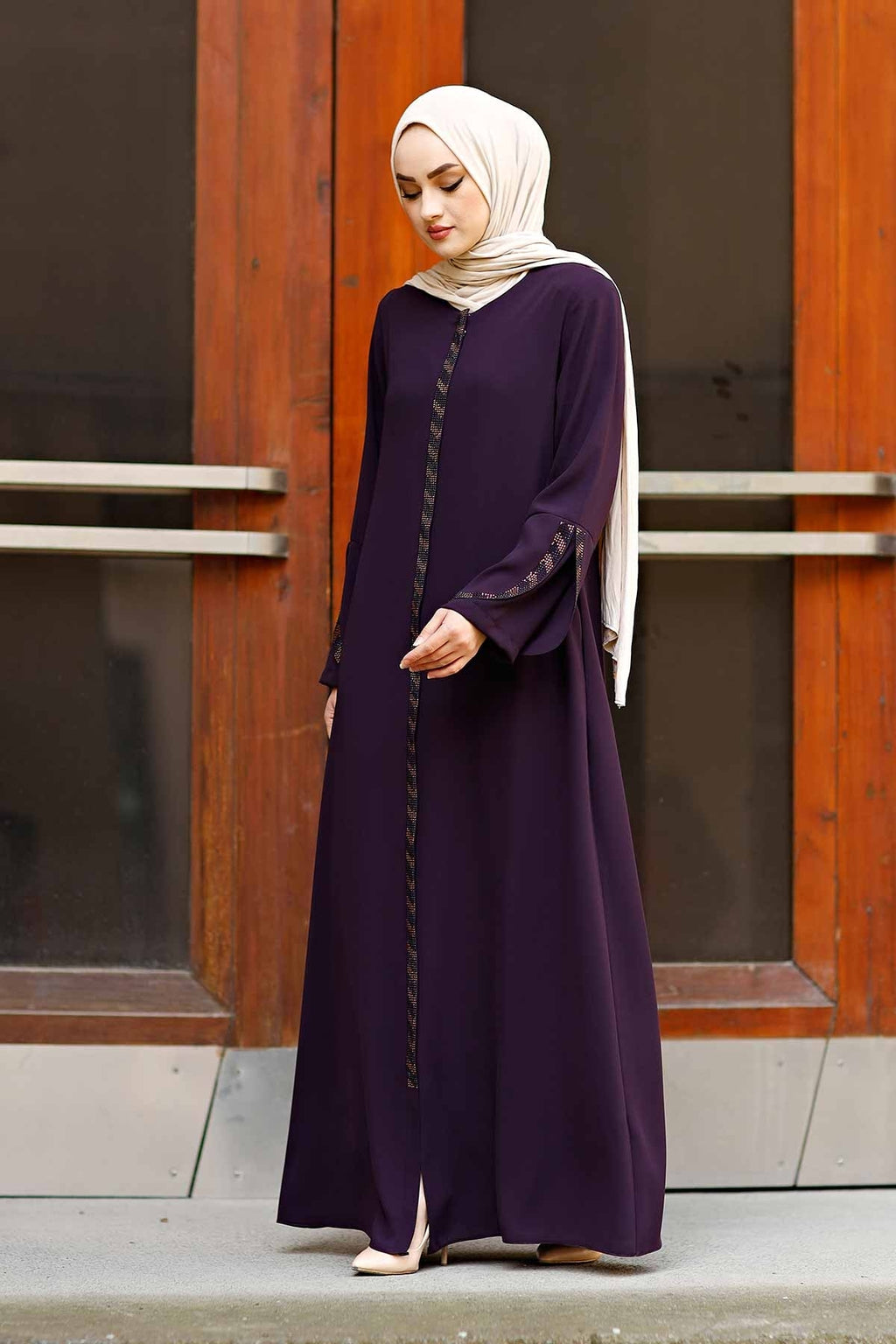 Purple Rhinestone Trim Open Abaya with Bell Sleeves – Turkish Modest Abaya