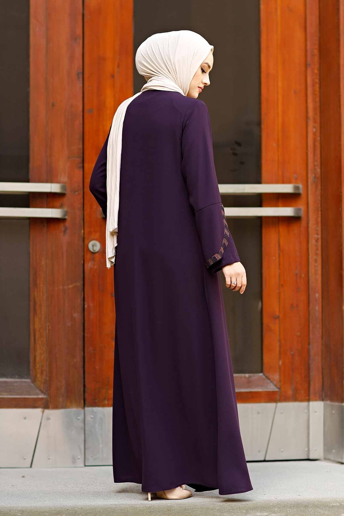 Purple Rhinestone Trim Open Abaya with Bell Sleeves – Turkish Modest Abaya