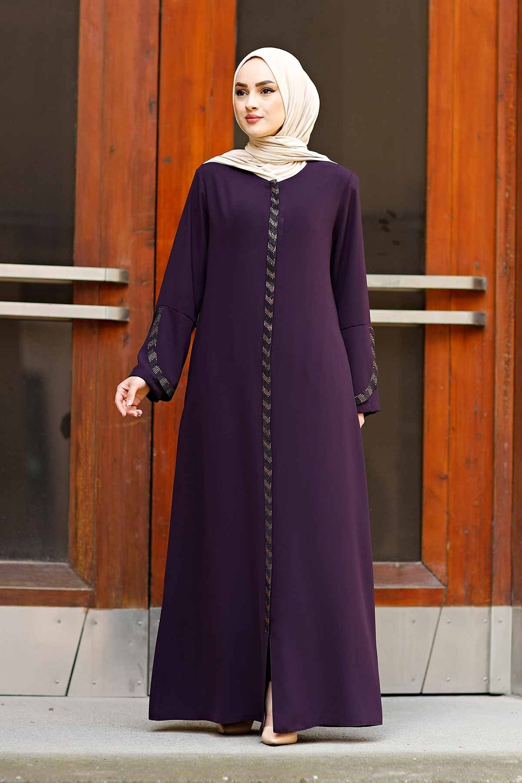 Purple Rhinestone Trim Open Abaya with Bell Sleeves – Turkish Modest Abaya