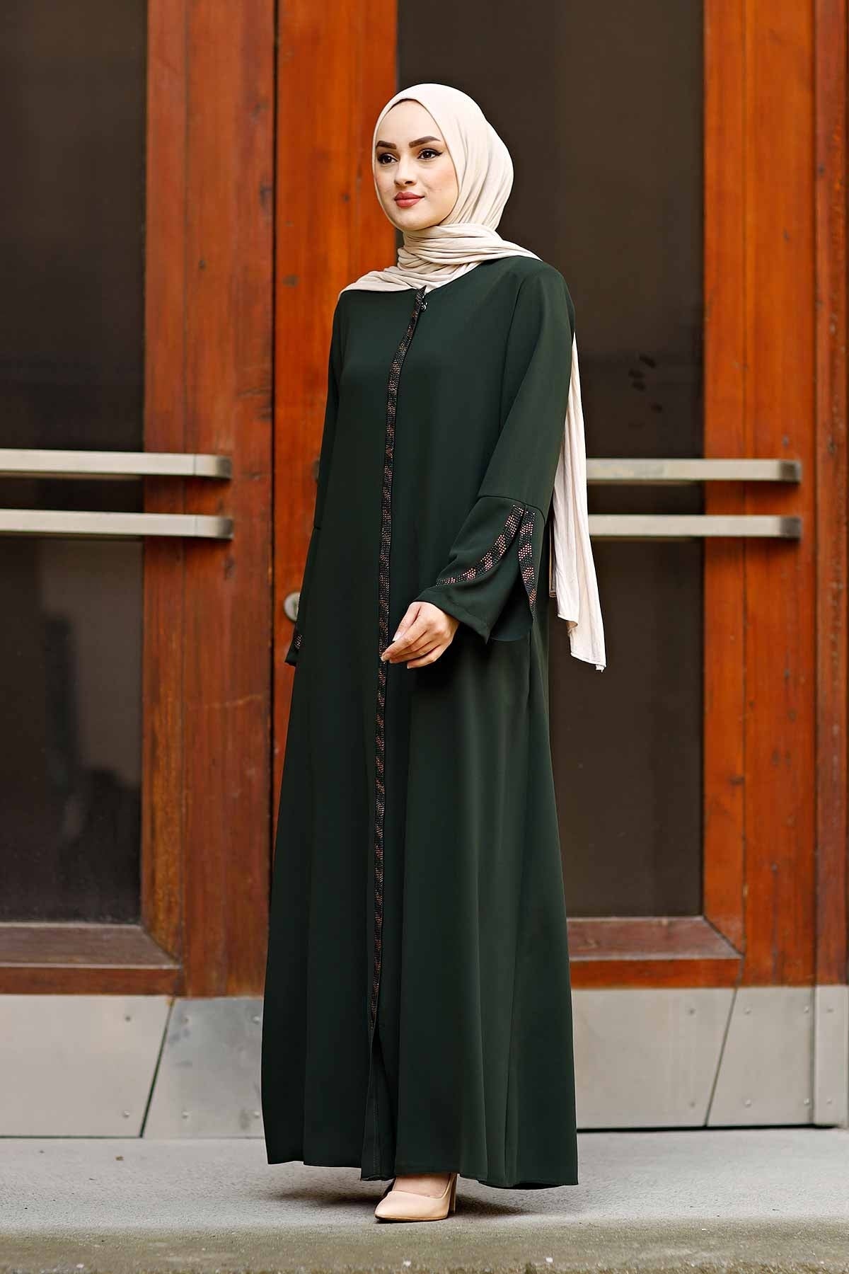 Green Rhinestone Trim Open Abaya with Bell Sleeves – Turkish Modest Abaya