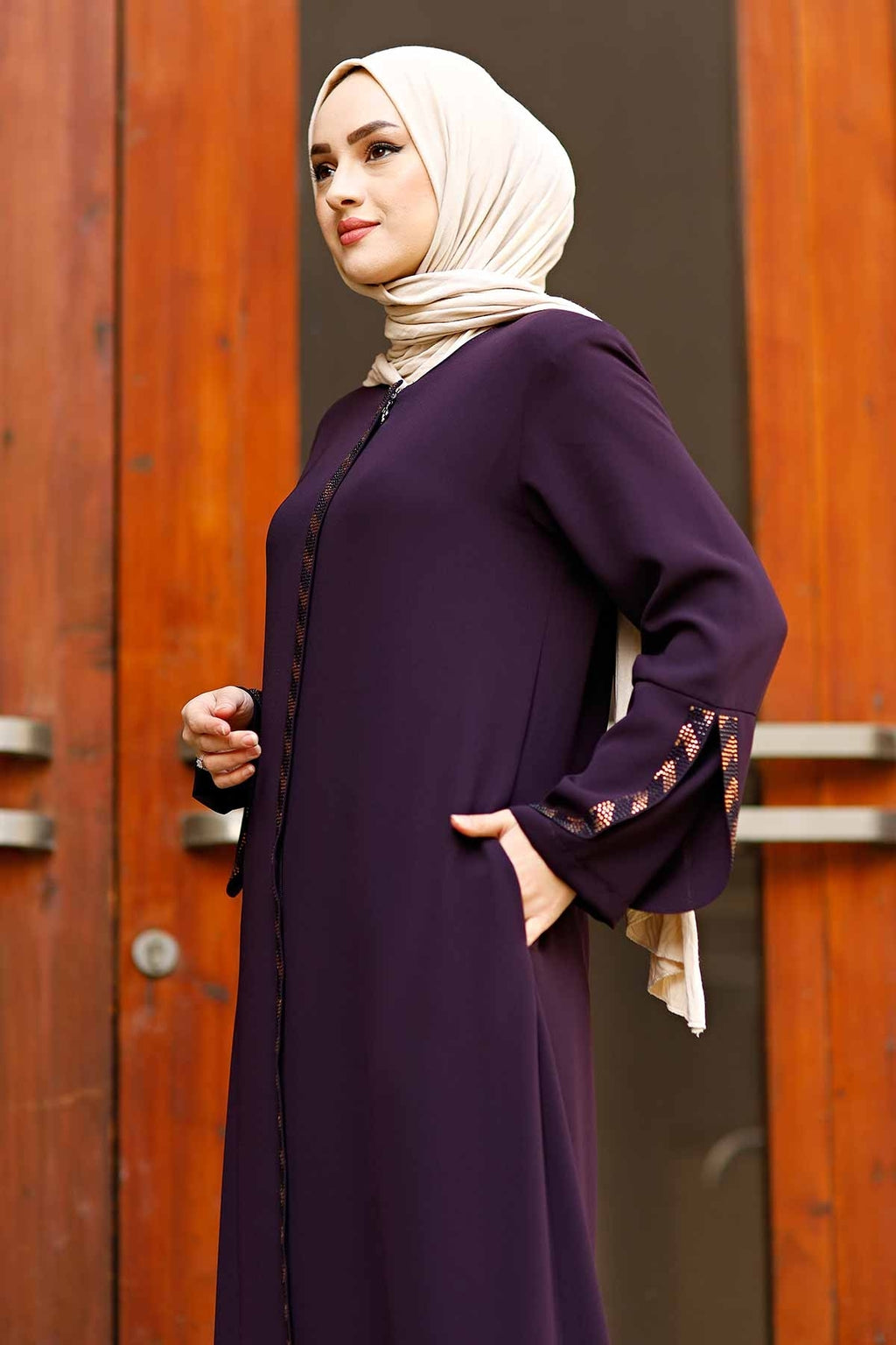 Purple Rhinestone Trim Open Abaya with Bell Sleeves – Turkish Modest Abaya