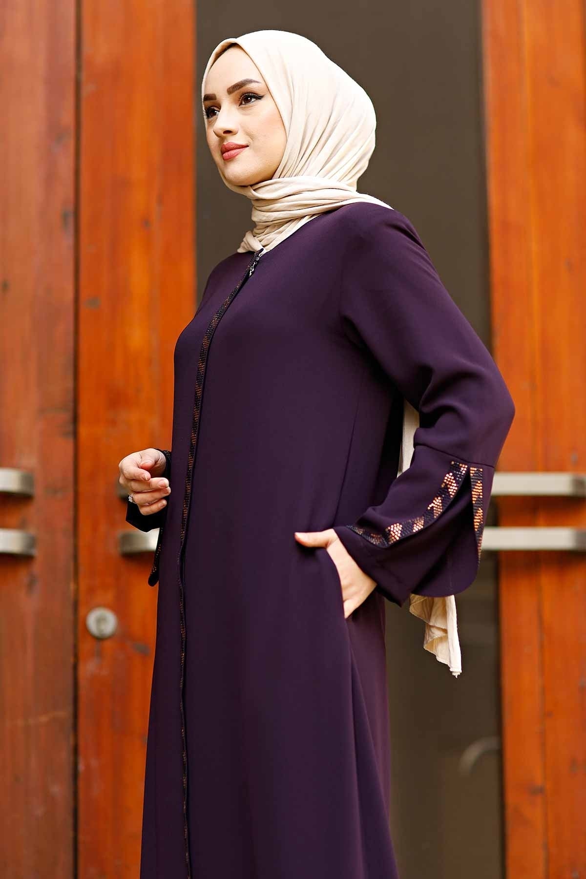 Purple Rhinestone Trim Open Abaya with Bell Sleeves – Turkish Modest Abaya