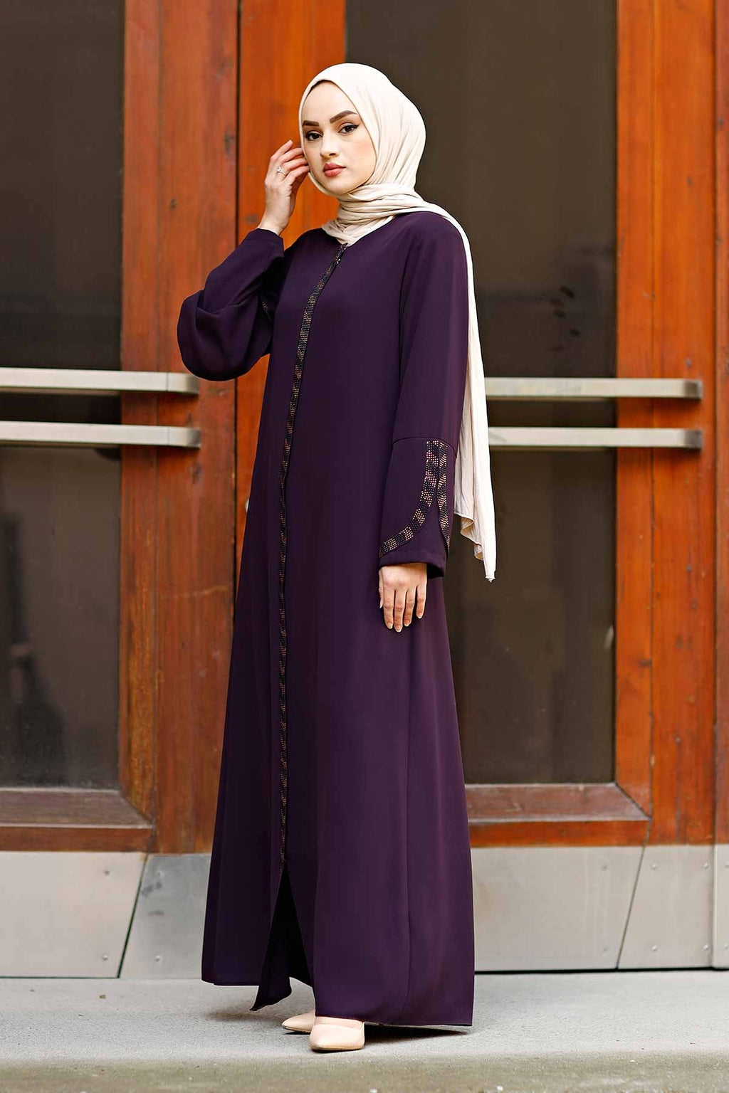 Purple Rhinestone Trim Open Abaya with Bell Sleeves – Turkish Modest Abaya