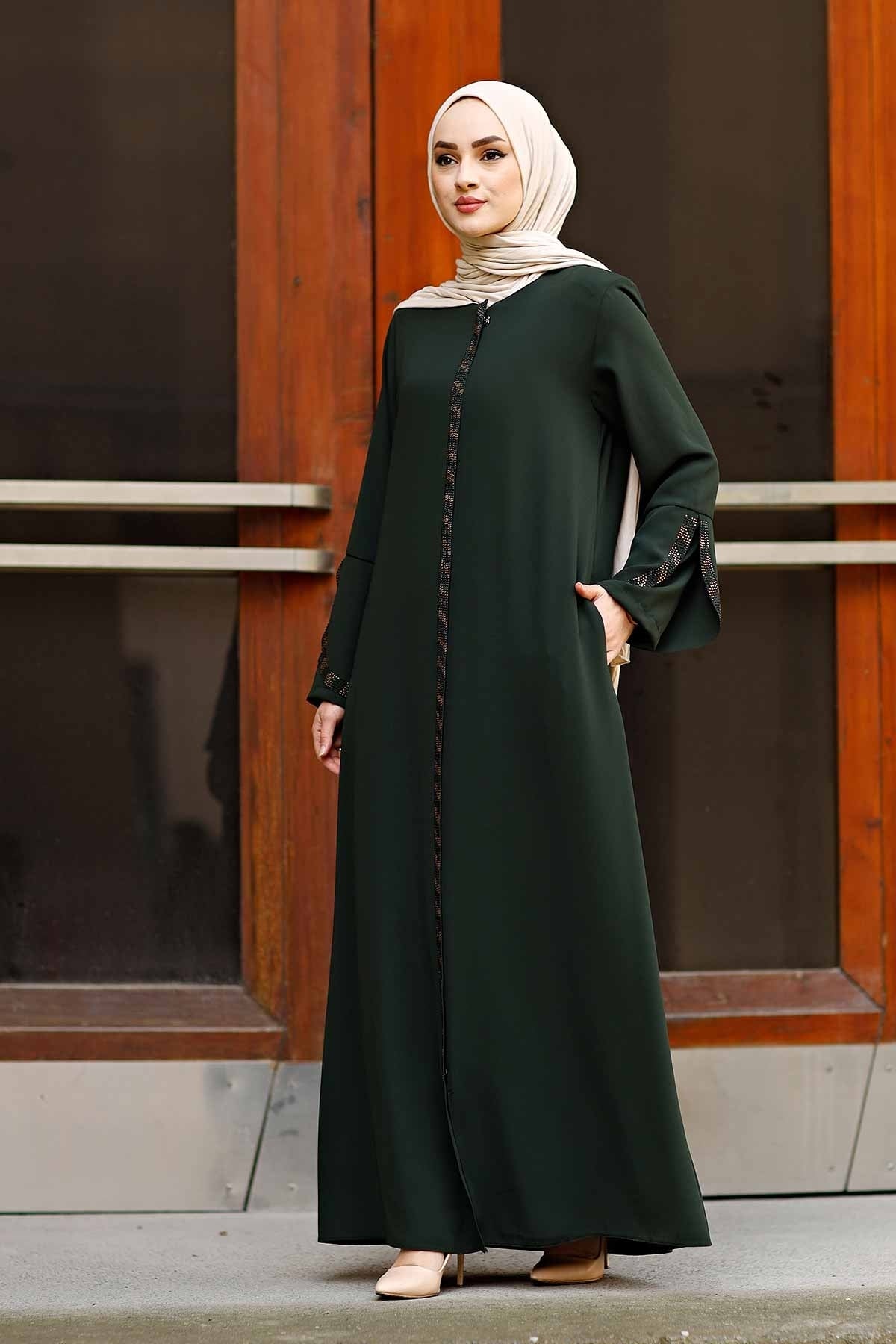 Green Rhinestone Trim Open Abaya with Bell Sleeves – Turkish Modest Abaya