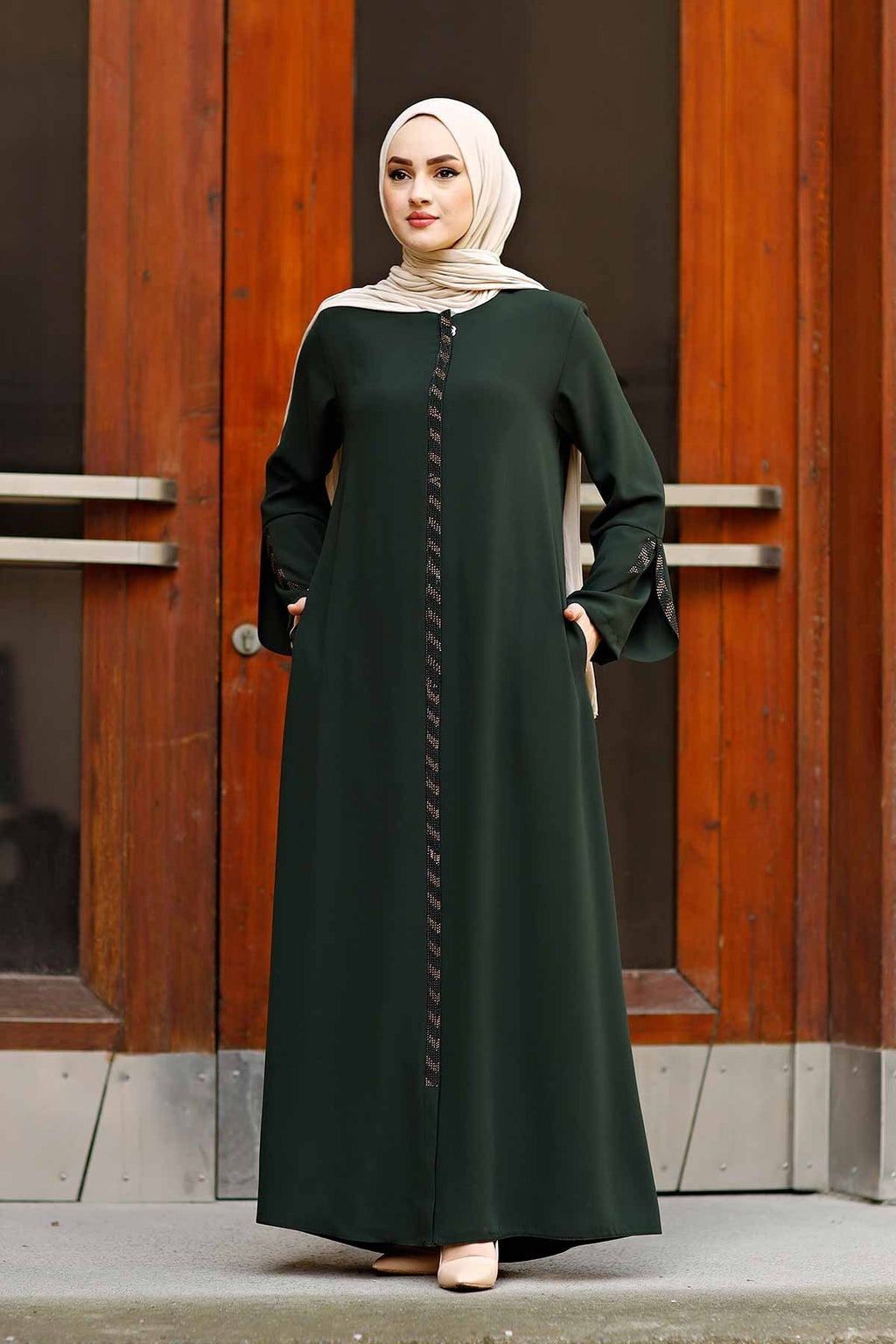 Green Rhinestone Trim Open Abaya with Bell Sleeves – Turkish Modest Abaya