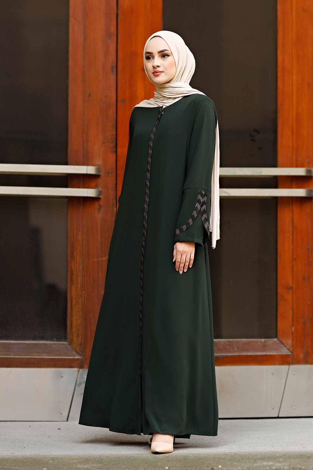 Green Rhinestone Trim Open Abaya with Bell Sleeves – Turkish Modest Abaya