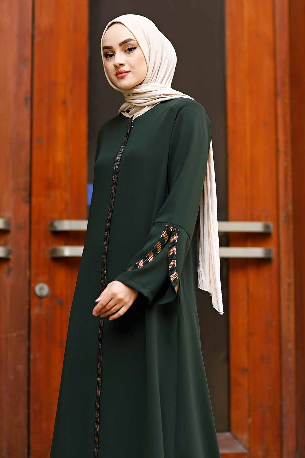 Green Rhinestone Trim Open Abaya with Bell Sleeves – Turkish Modest Abaya