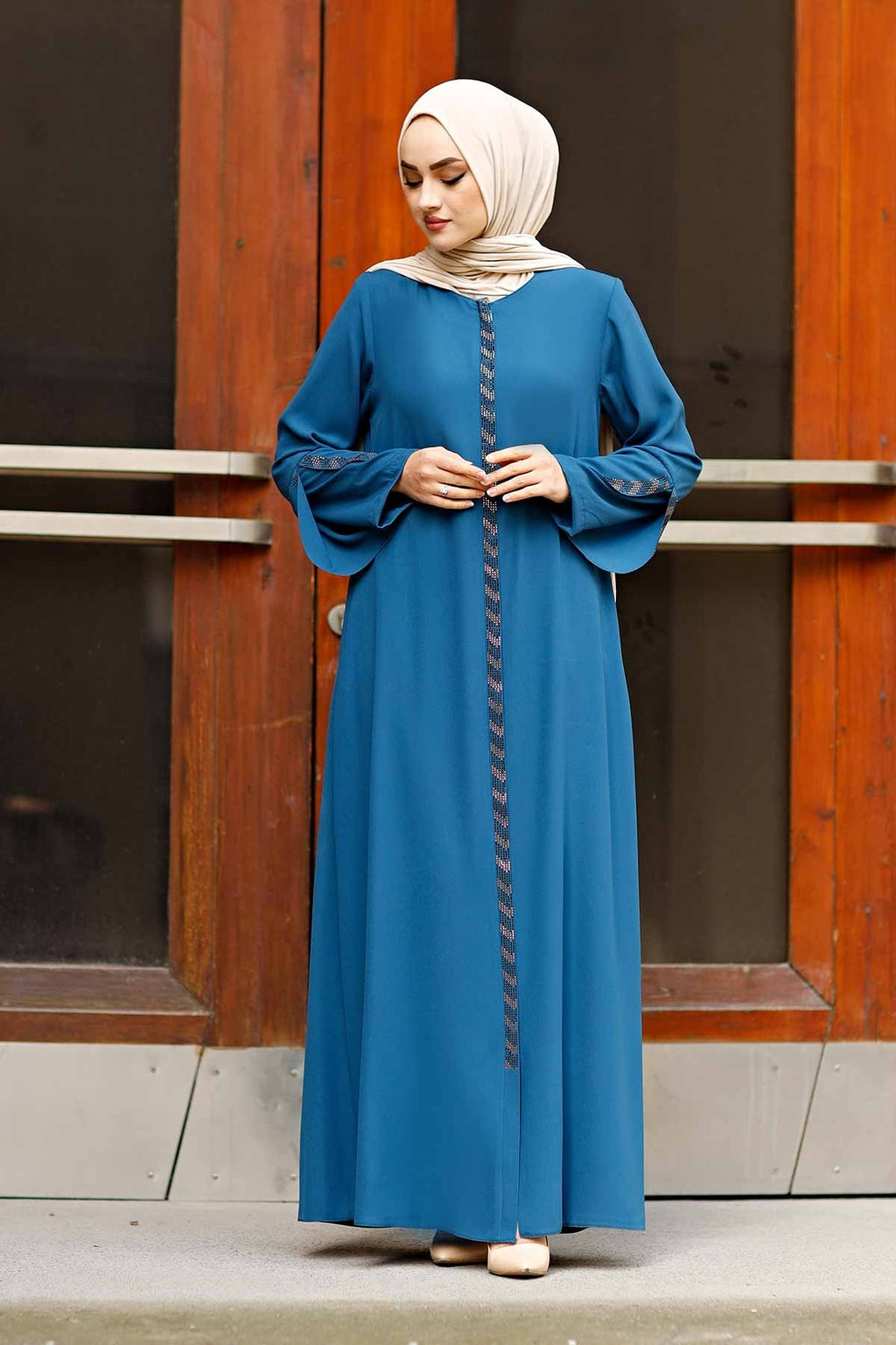 Blue Rhinestone Trim Open Abaya with Bell Sleeves – Turkish Modest Abaya