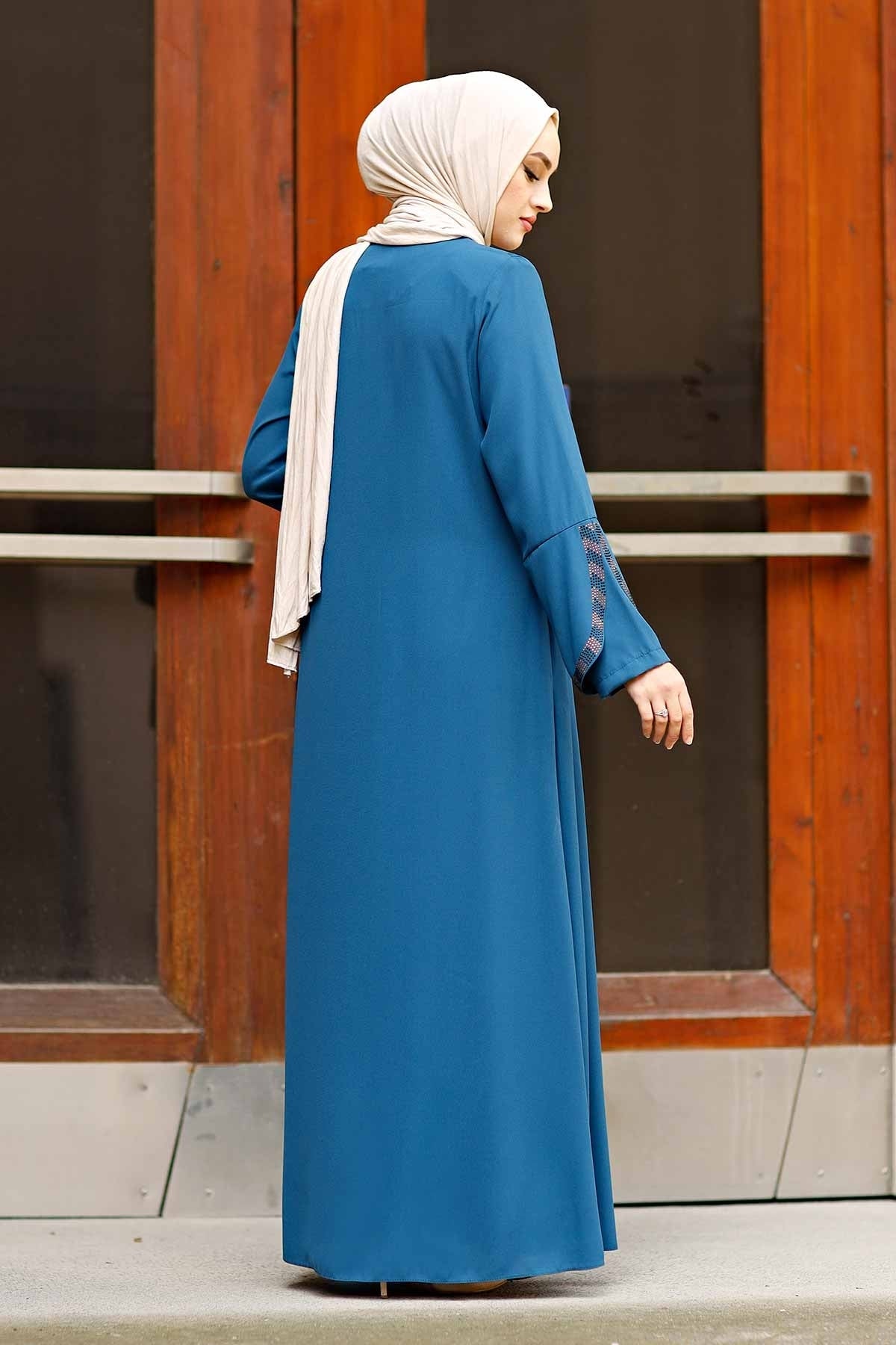 Blue Rhinestone Trim Open Abaya with Bell Sleeves – Turkish Modest Abaya