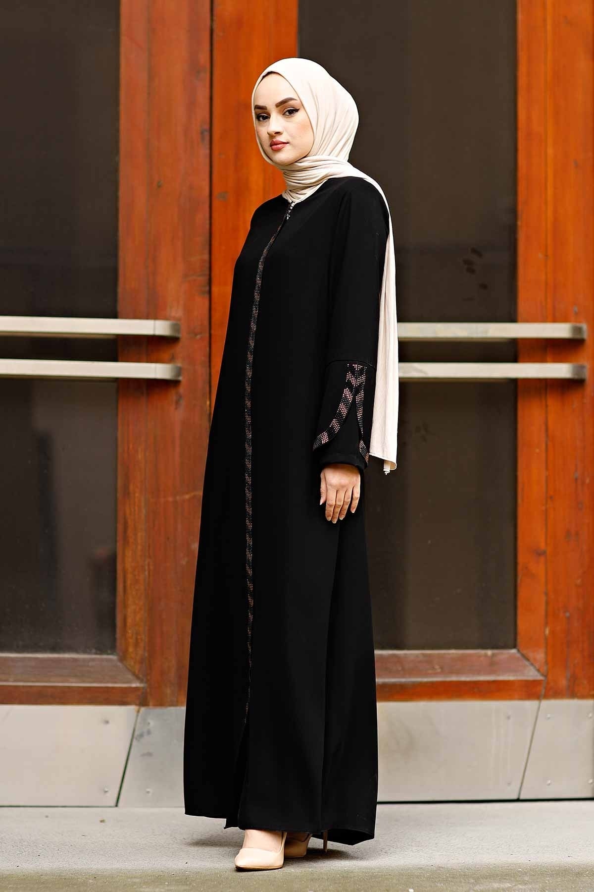 Black Rhinestone Trim Open Abaya with Bell Sleeves – Turkish Modest Abaya