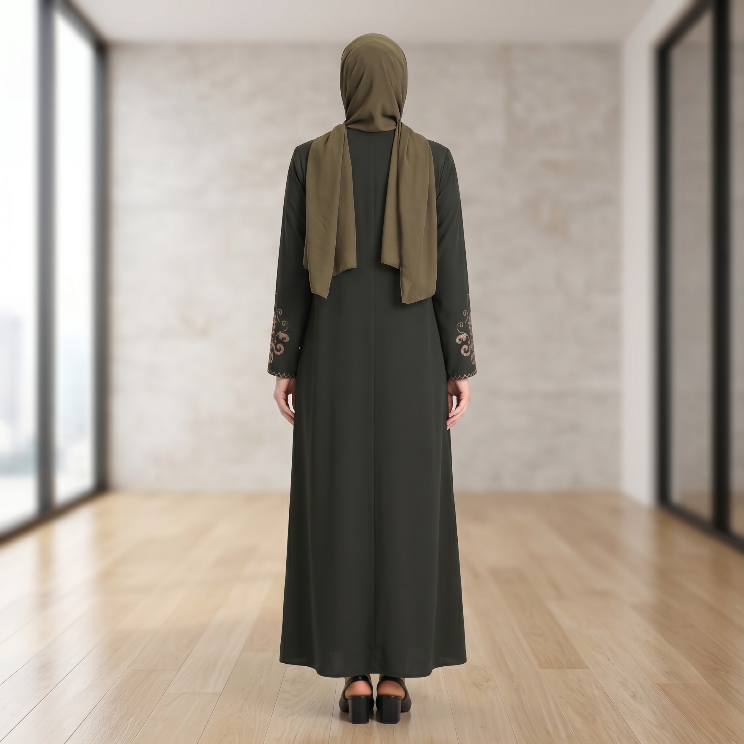 Green Embroidered Sleeves Abaya with Hidden Zipper – Turkish Abaya