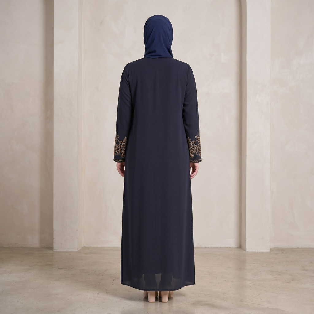 Navy Embroidered Sleeves Abaya with Hidden Zipper – Turkish Abaya