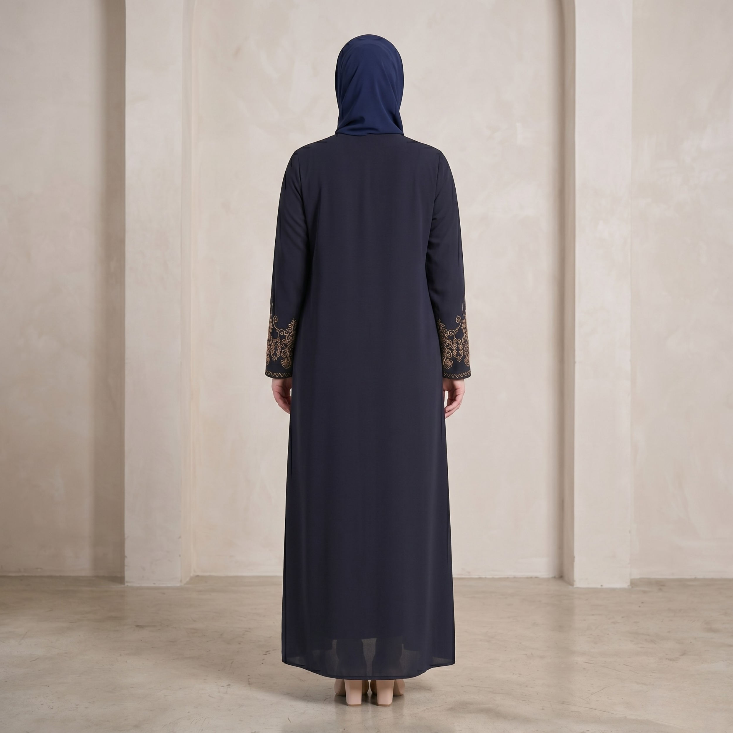 Navy Embroidered Sleeves Abaya with Hidden Zipper – Turkish Abaya