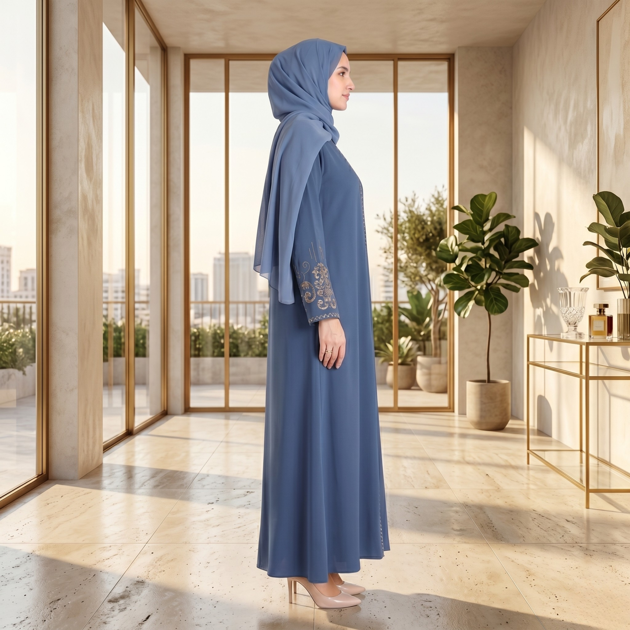 Blue Embroidered Sleeves Abaya with Hidden Zipper – Turkish Abaya
