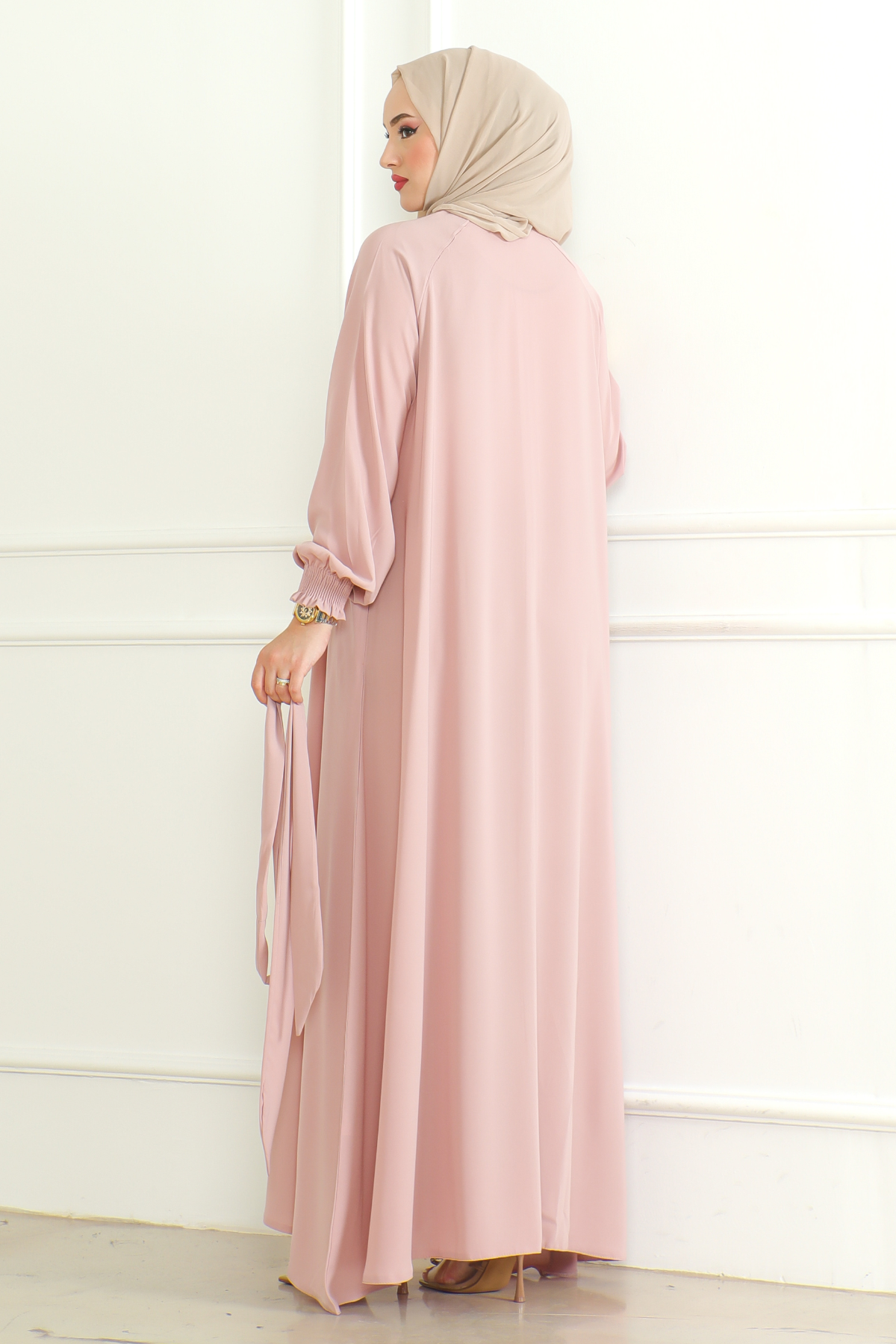 Pink Belted Abaya with Elasticated Cuffs & Front Zipper – Turkish Modest Maxi Dress